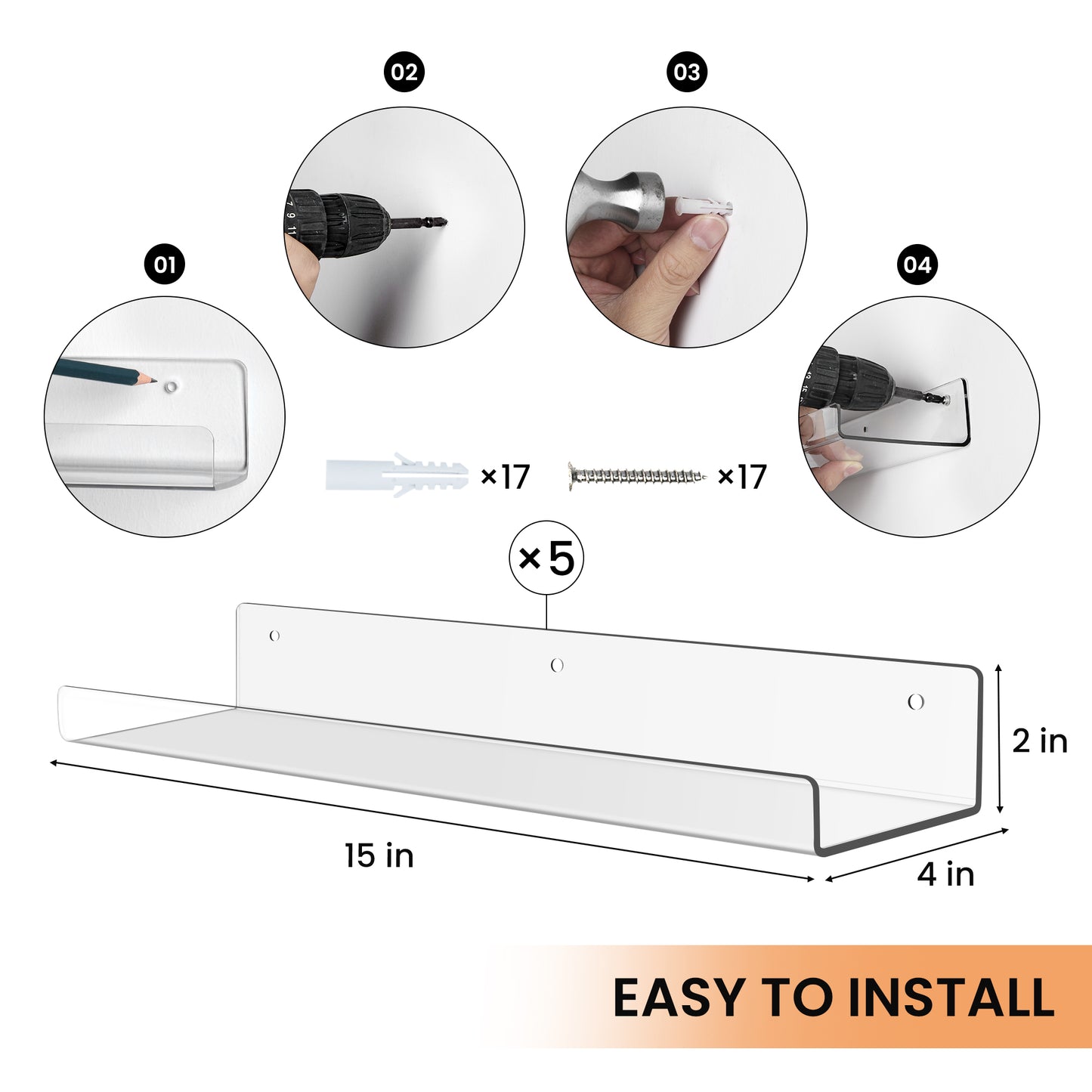 15" Acrylic Floating Shelves Wall Mounted, Upsimples 9pack Clear Acrylic Shelves, for Bedroom, Living Room, Bathroom, Kitchen