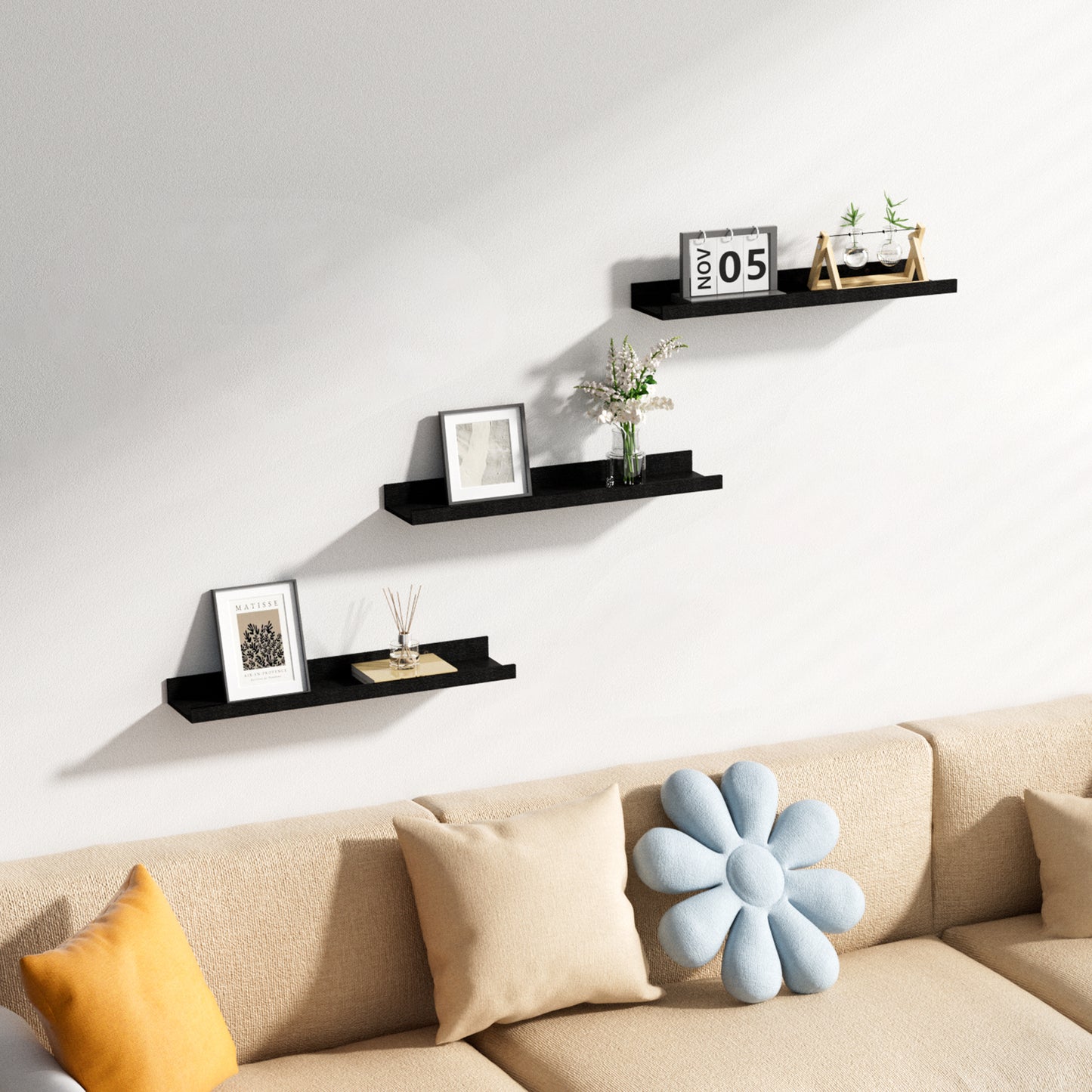 Sindcom Home Wood Shelf Wall Mounted, Set of 3, Black