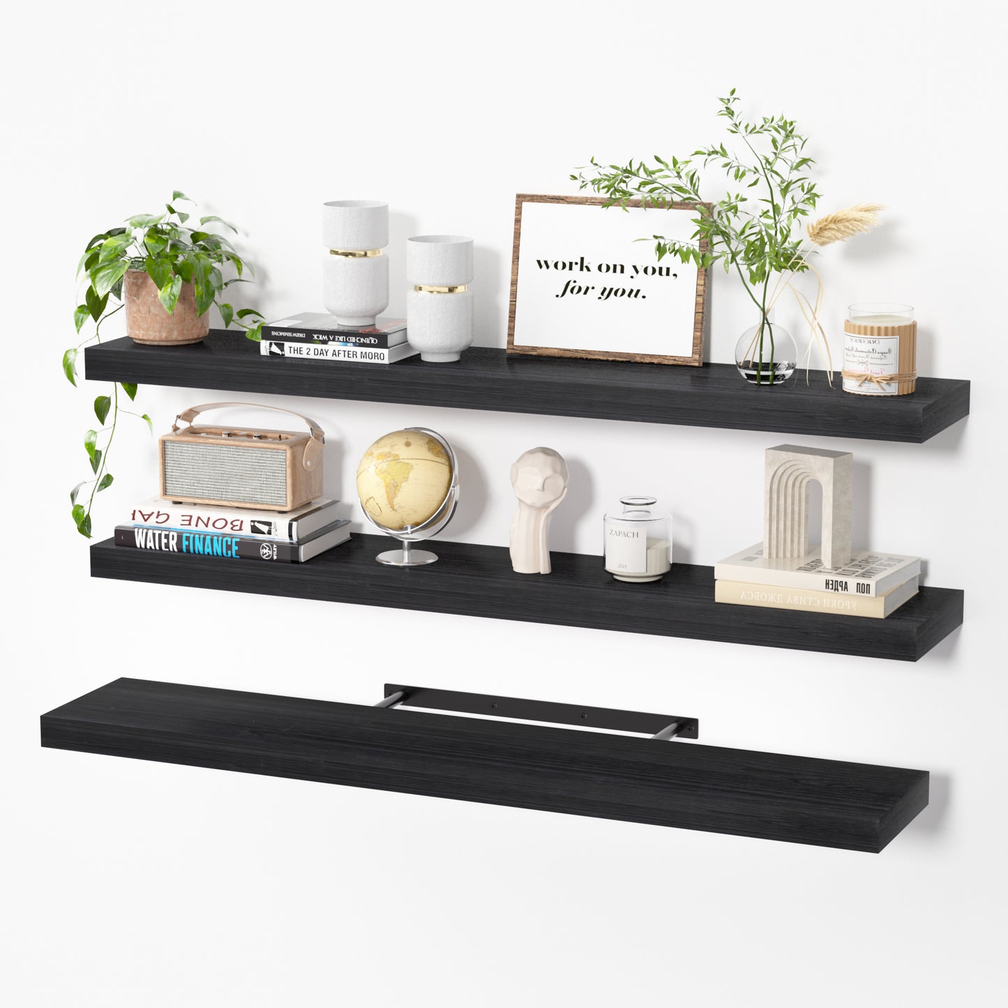 Sindcom 36in Floating Shelves with Invisible Brackets, Wall Mounted Rustic Wood Shelves Set of 3, Black