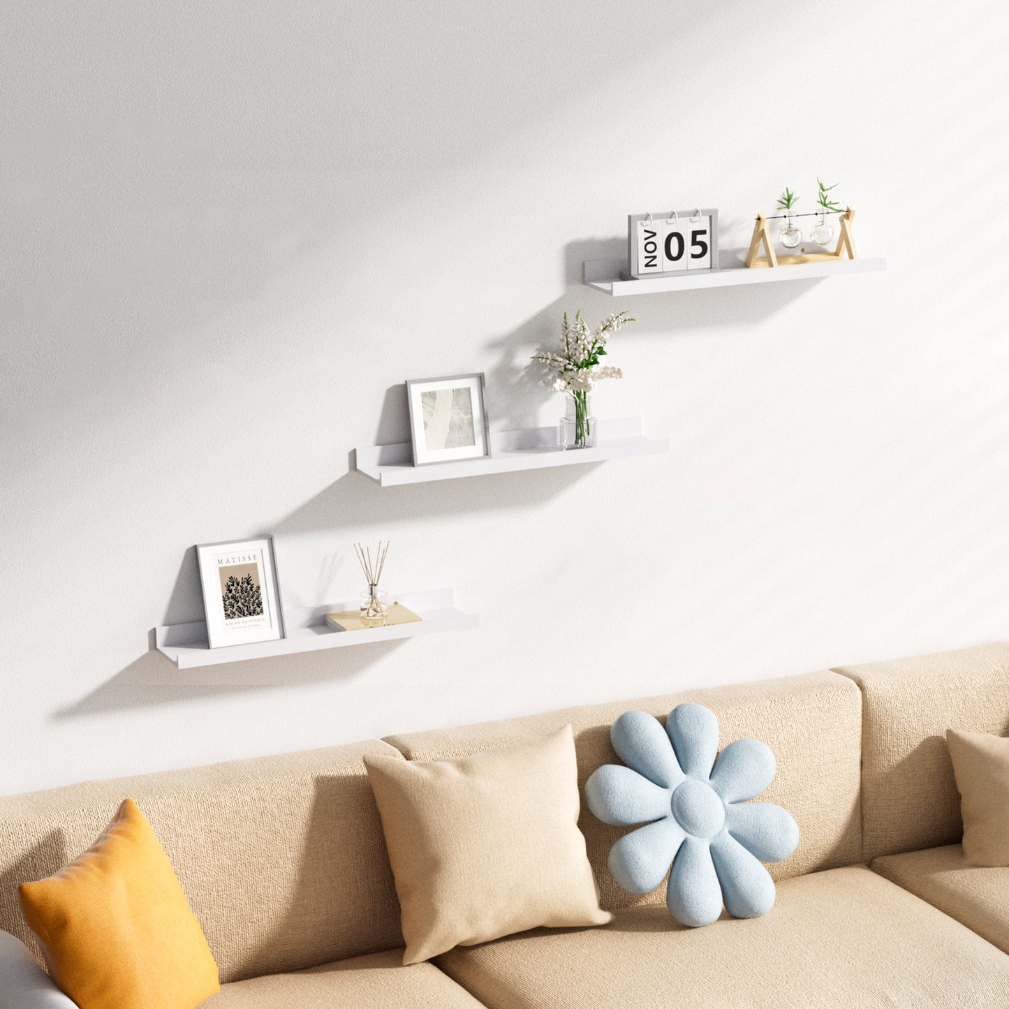 Sindcom Home Wood Shelf Wall Mounted, Set of 3, Multiple Sizes, White