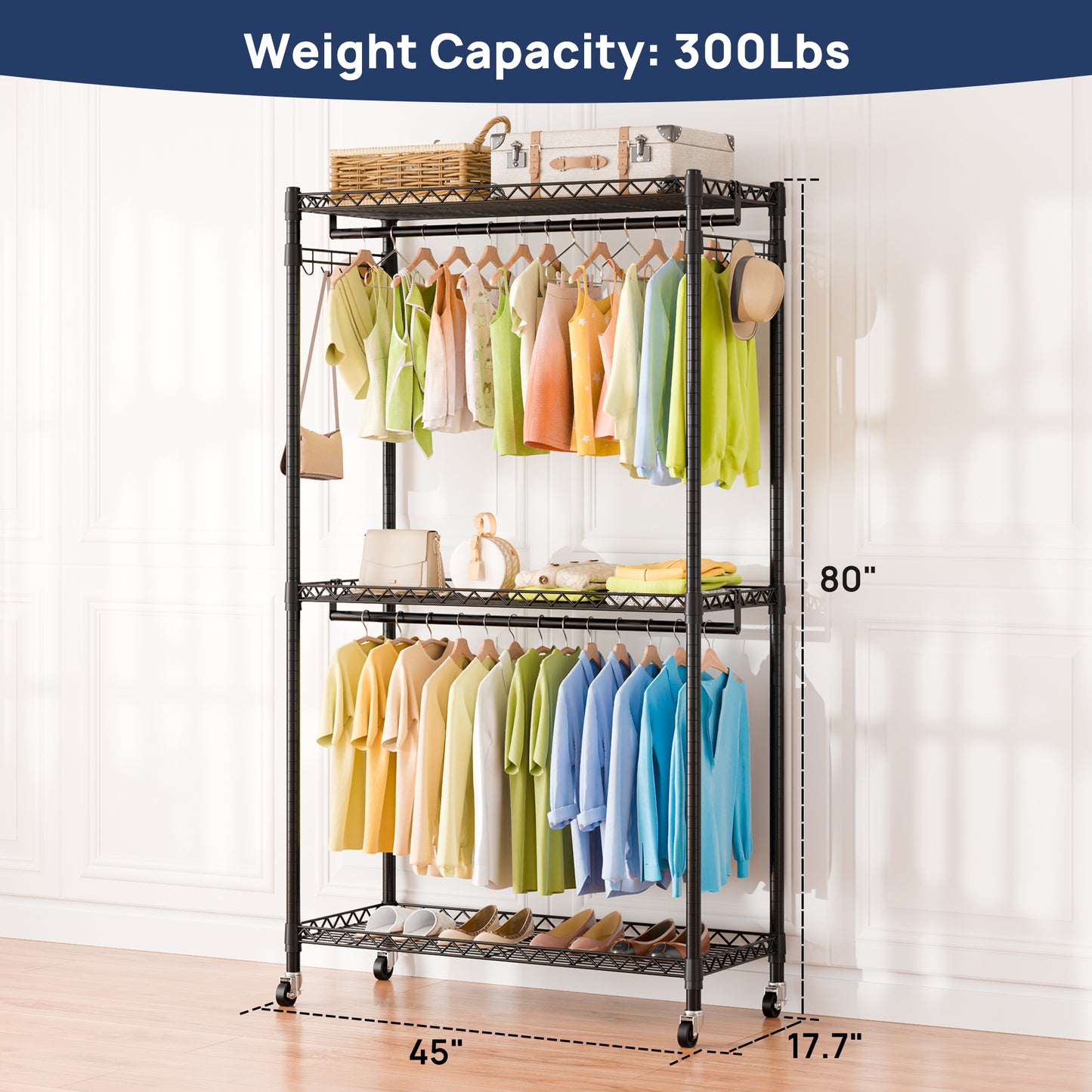 Sindcom Heavy Duty Metal Clothes Rack with Lockable Wheels, 3-Tier Adjustable Garment Clothing Rack for Hanging Clothes, Wardrobe Storage with Double Rods and Side Hooks, Black