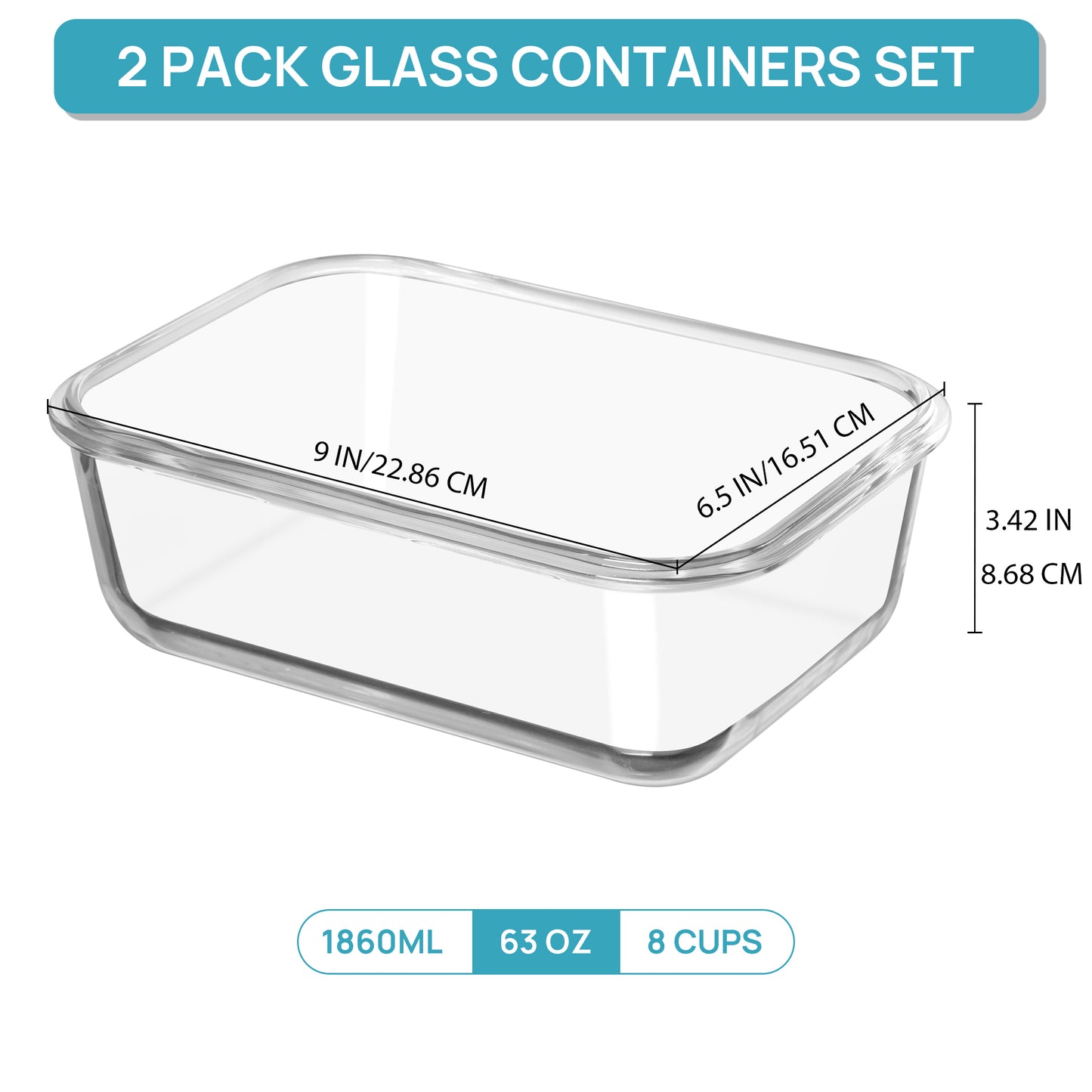 Sindcom 2Pack 1860ml/ 63oz Large Glass Storage Containers with Lids, Meal Prep Food Container Set with Snap Airtight Lid for Baking, Microwave, Oven, Leak Proof, for Freezer, Dishwasher, Grey