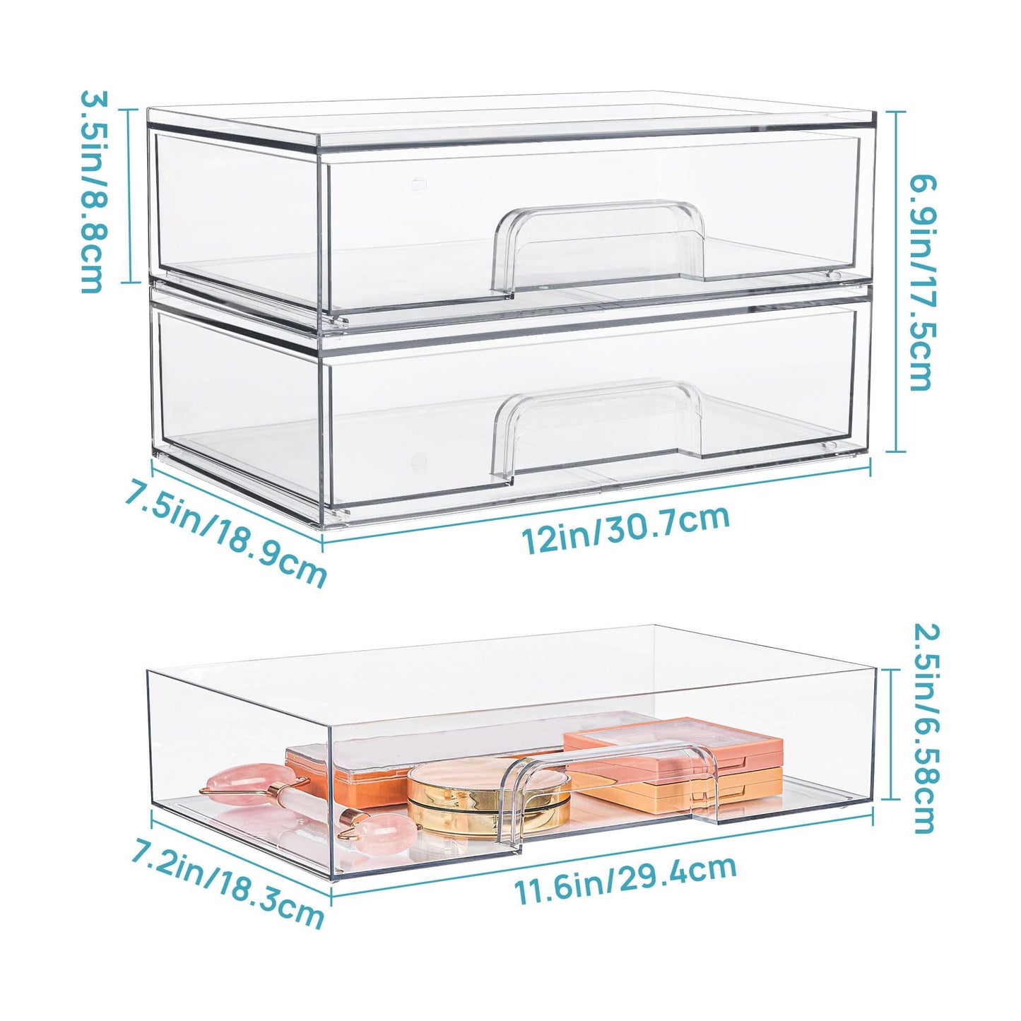 Sindcom Clear Stackable Storage Drawers,2 Pack Acrylic Plastic Organizers Bins for Makeup Palettes, Cosmetics, and Beauty Supplies,Ideal for Vanity, Bathroom,Cabinet,Desk Organization