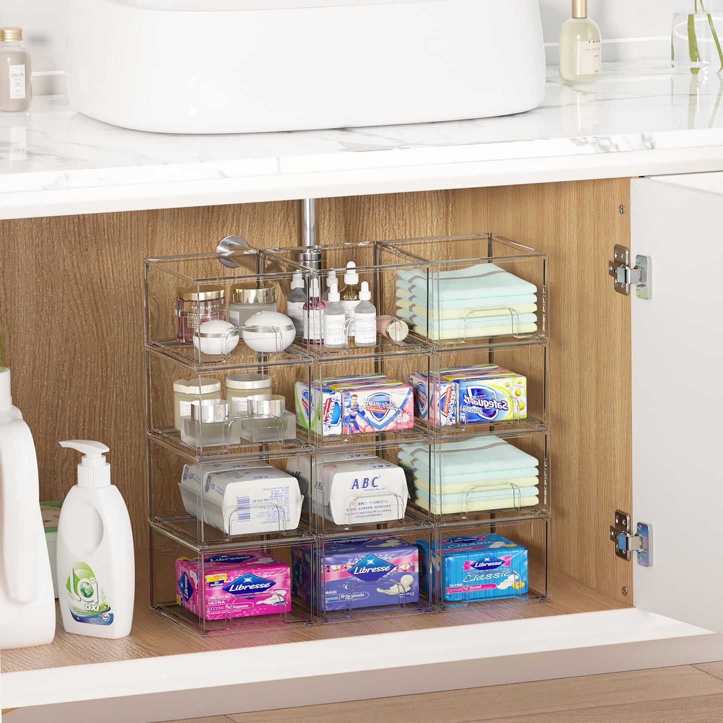 Sindcom 4 Pack Acrylic Bathroom Organizers, Clear Plastic Storage Bins, 4.4" High