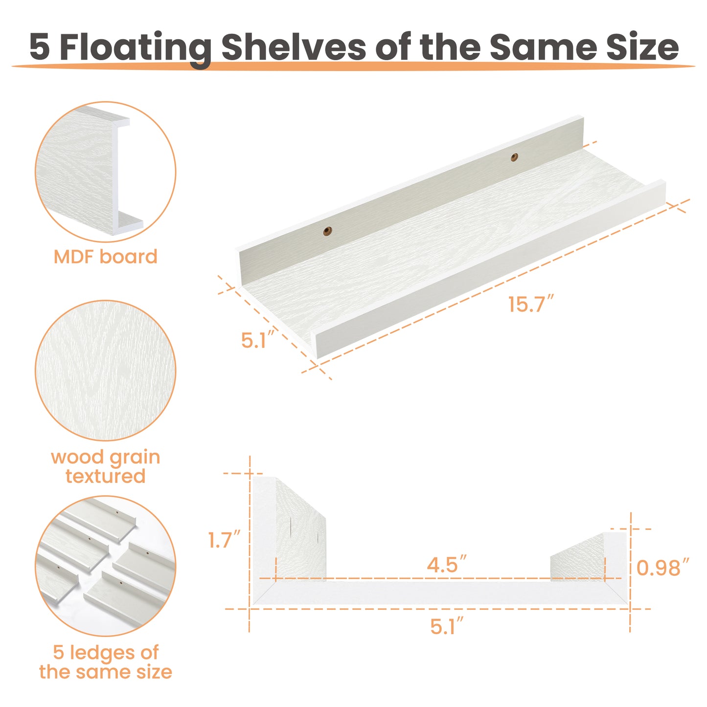Floating Shelves, Sindcom Home Wood Shelf Wall Mounted, Set of 5, White