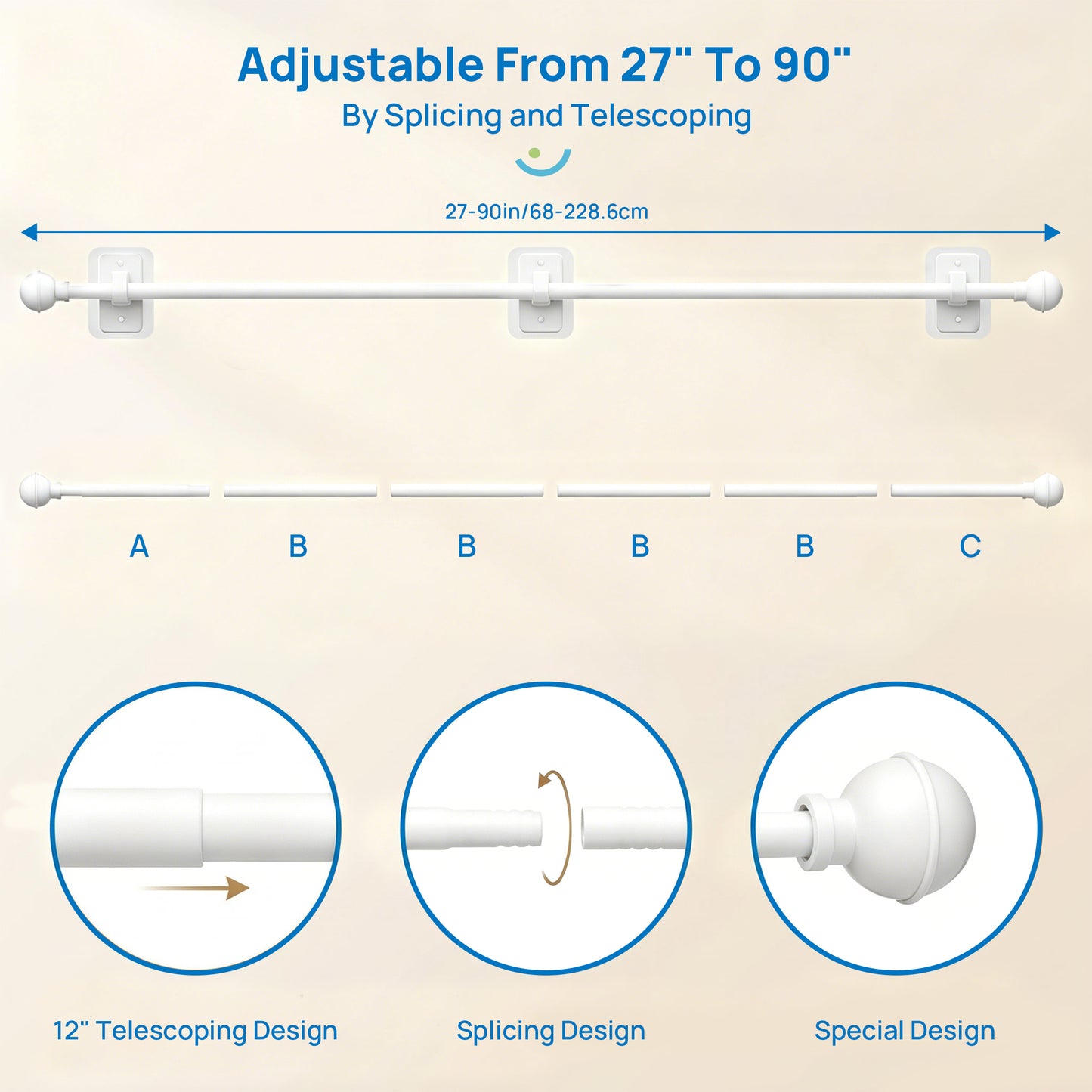 Sindcom No Drill Curtain Rods for Window 48 to 84 Inches, 5/8 Inch Diameter Renter Friendly Drapery Rod with Adhesive Brackets without Drilling, Adjustable from 27 to 90 Inches, White