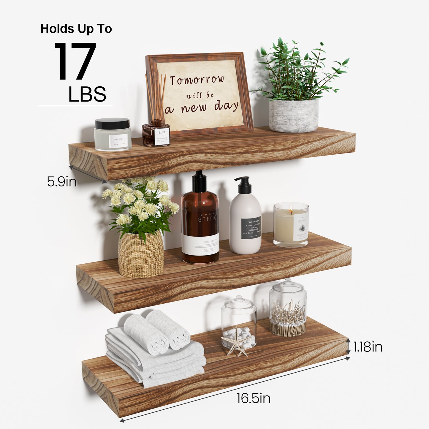 Sindcom 3 Pack Brown Wood Floating Shelves Wall Mounted Shelves