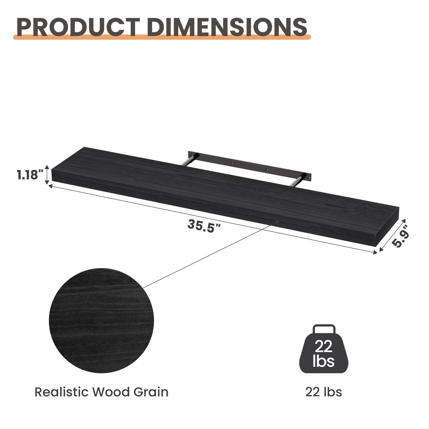 Sindcom 36in Floating Shelves with Invisible Brackets, Wall Mounted Rustic Wood Shelves Set of 3, Black