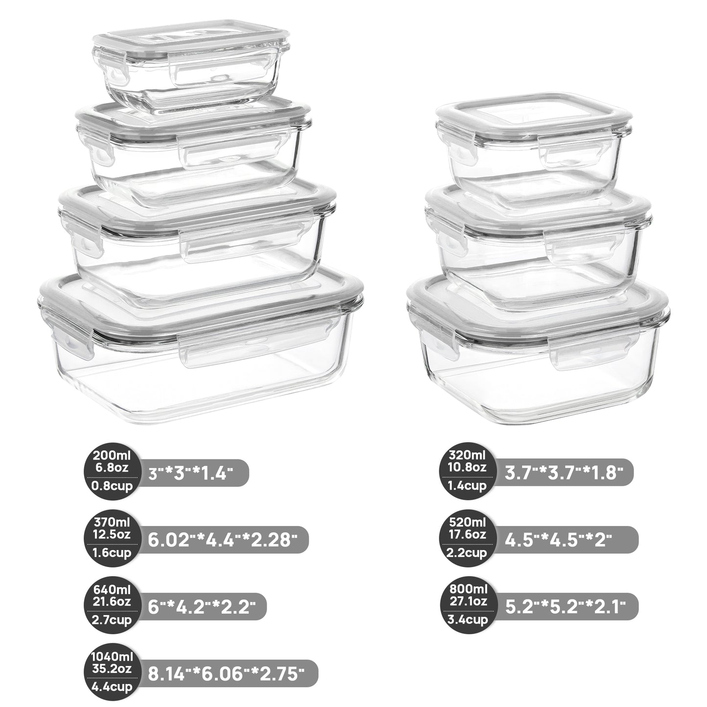 7pcs Glass Storage Container Set with Lids, Sindcom Meal Prep Containers, Airtight Bento Boxes, Gray