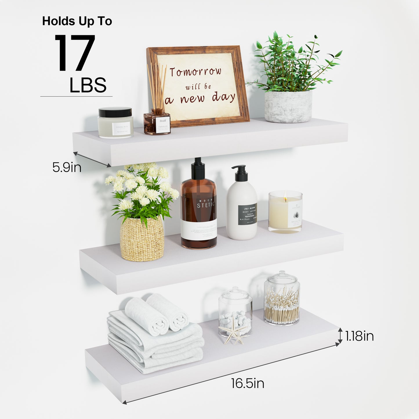 Sindcom Wood Floating Shelves Wall Mounted Shelves, White, Set of 3