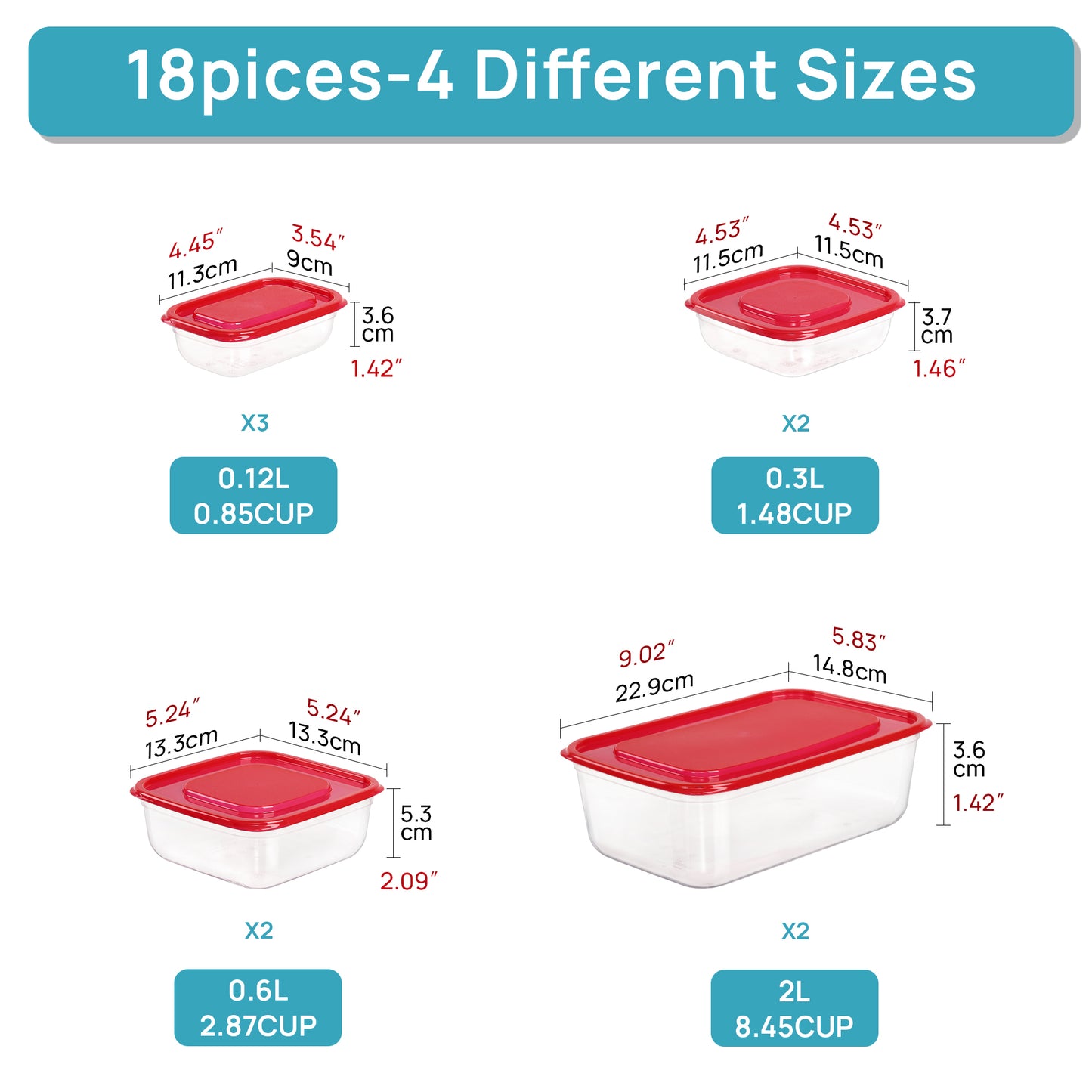 Sindcom 18 Pieces Meal Prep Containers, 4-Size Plastic, Containers with Lids for Lunch,Leftover