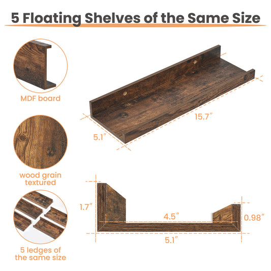 Floating Shelves, Sindcom Home Wood Shelf Wall Mounted, Set of 5, Brown