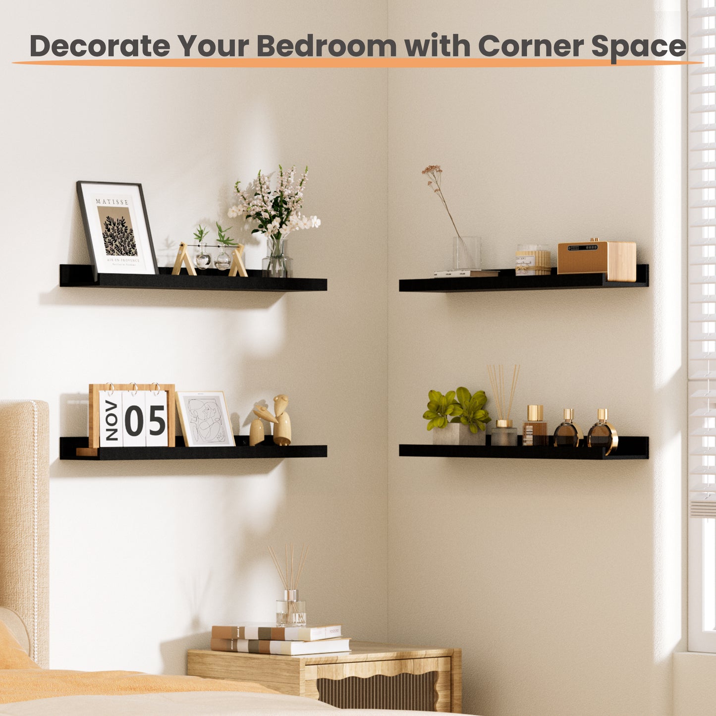 Sindcom Home Wood Shelf Wall Mounted, Set of 3, Black