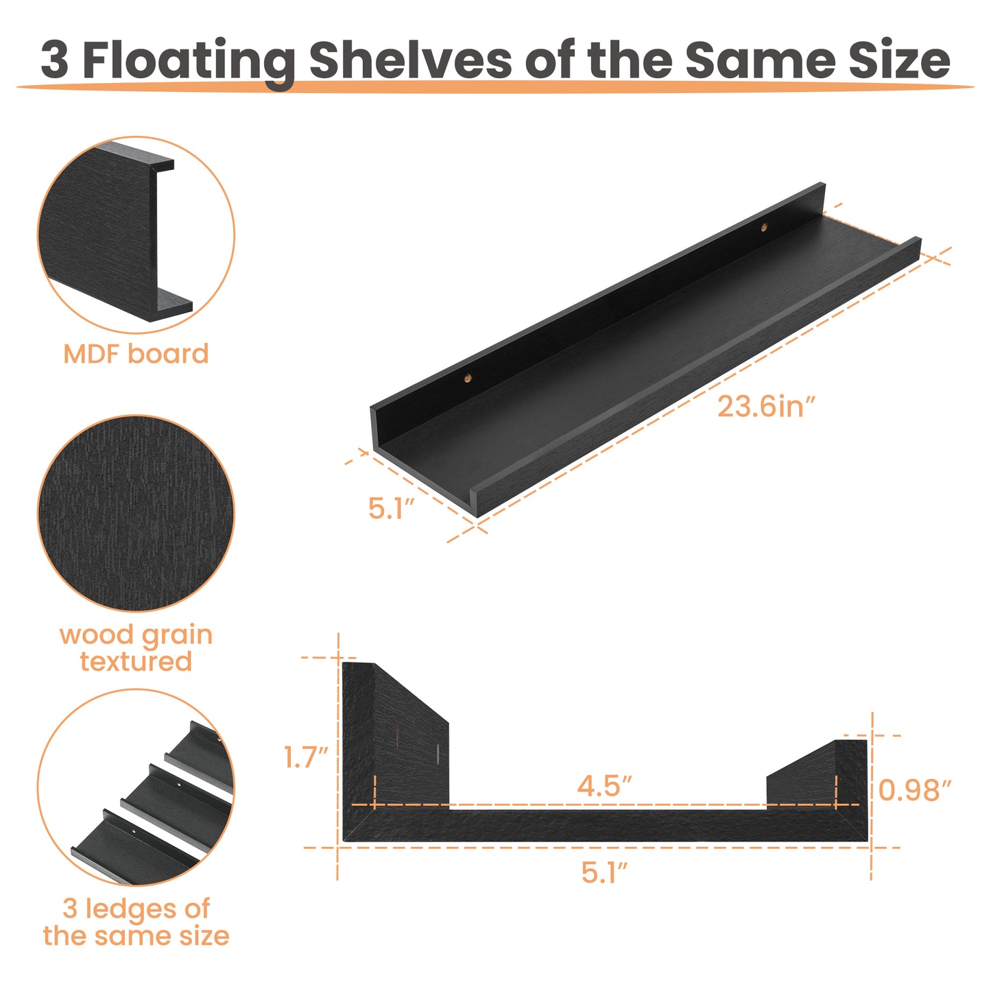 Sindcom Home Wood Shelf Wall Mounted, Set of 3, Black