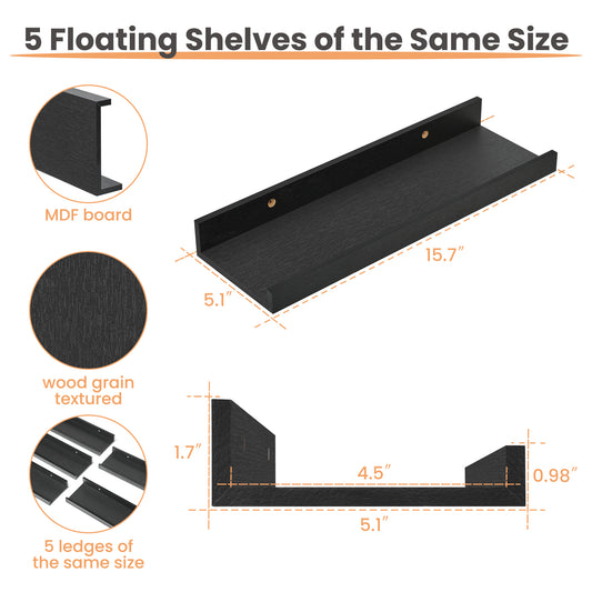 Floating Shelves, Sindcom Home Wood Shelf Wall Mounted, Set of 5, Black