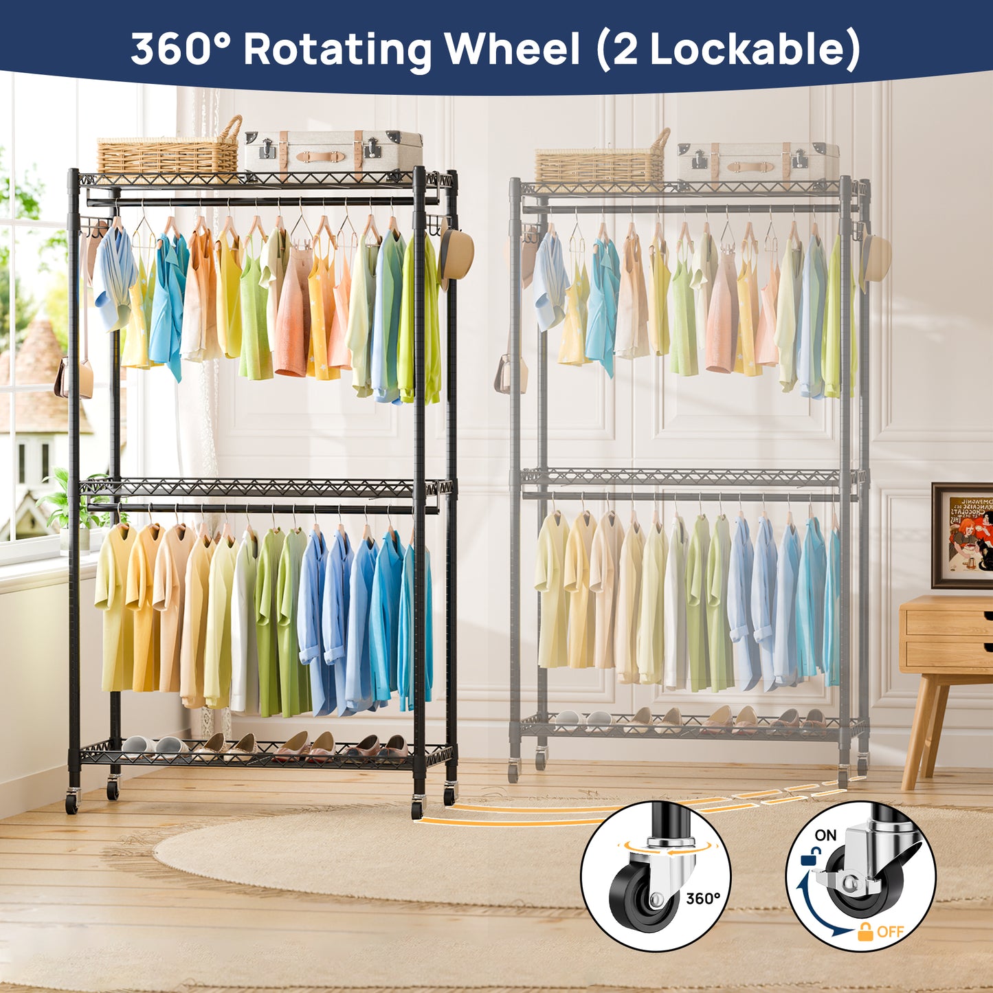 Sindcom Heavy Duty Metal Clothes Rack with Lockable Wheels, 3-Tier Adjustable Garment Clothing Rack for Hanging Clothes, Wardrobe Storage with Double Rods and Side Hooks, Black