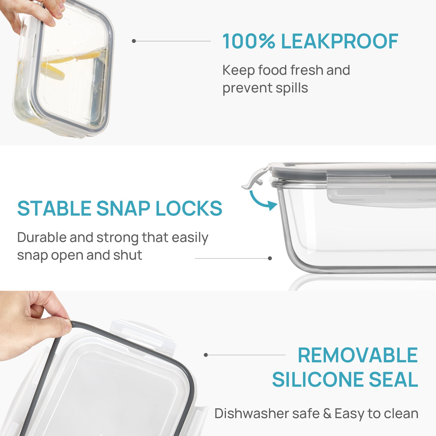 Sindcom 2Pack 1860ml/ 63oz Large Glass Storage Containers with Lids, Meal Prep Food Container Set with Snap Airtight Lid for Baking, Microwave, Oven, Leak Proof, for Freezer, Dishwasher, Grey