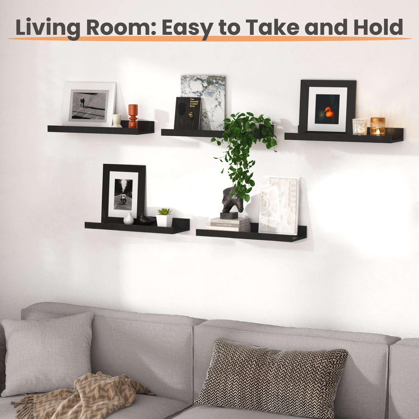 Floating Shelves, Sindcom Home Wood Shelf Wall Mounted, Set of 5, Black