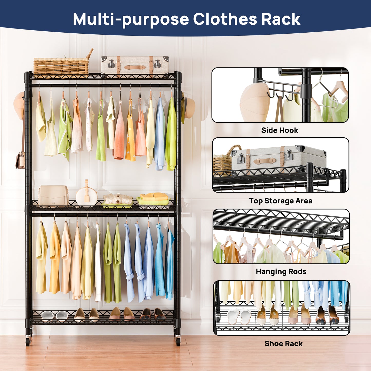 Sindcom Heavy Duty Metal Clothes Rack with Lockable Wheels, 3-Tier Adjustable Garment Clothing Rack for Hanging Clothes, Wardrobe Storage with Double Rods and Side Hooks, Black