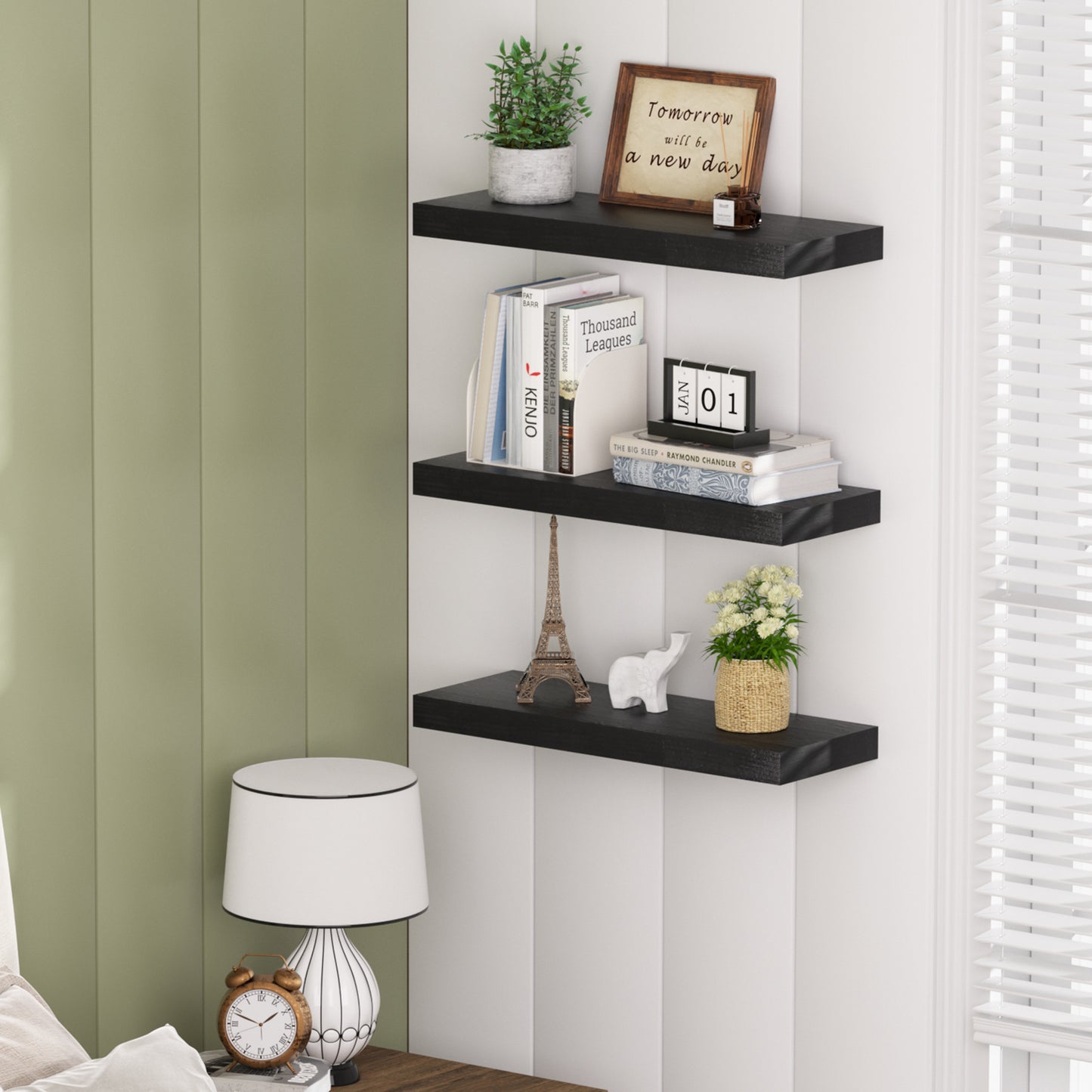 Sindcom Wood Floating Shelves Wall Mounted Shelves, Black, Set of 3