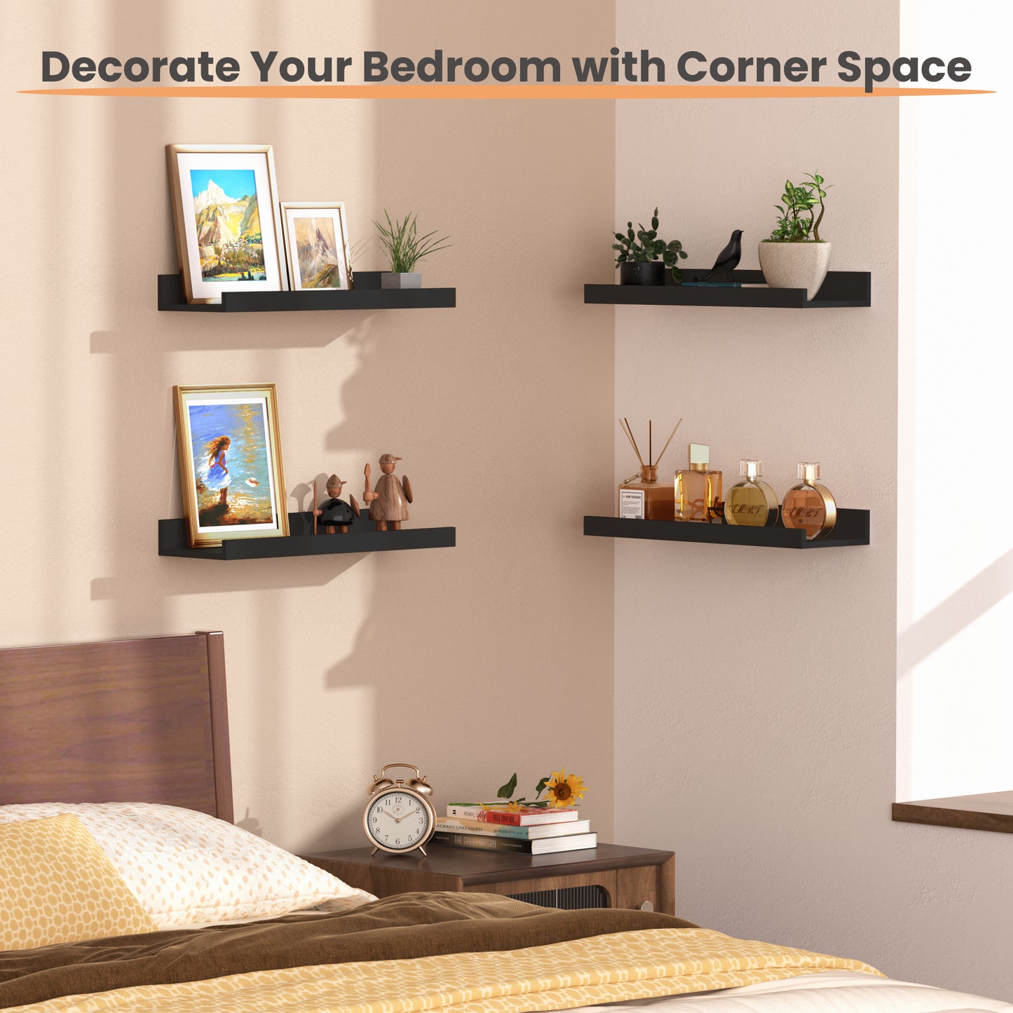 Floating Shelves, Sindcom Home Wood Shelf Wall Mounted, Set of 5, Black