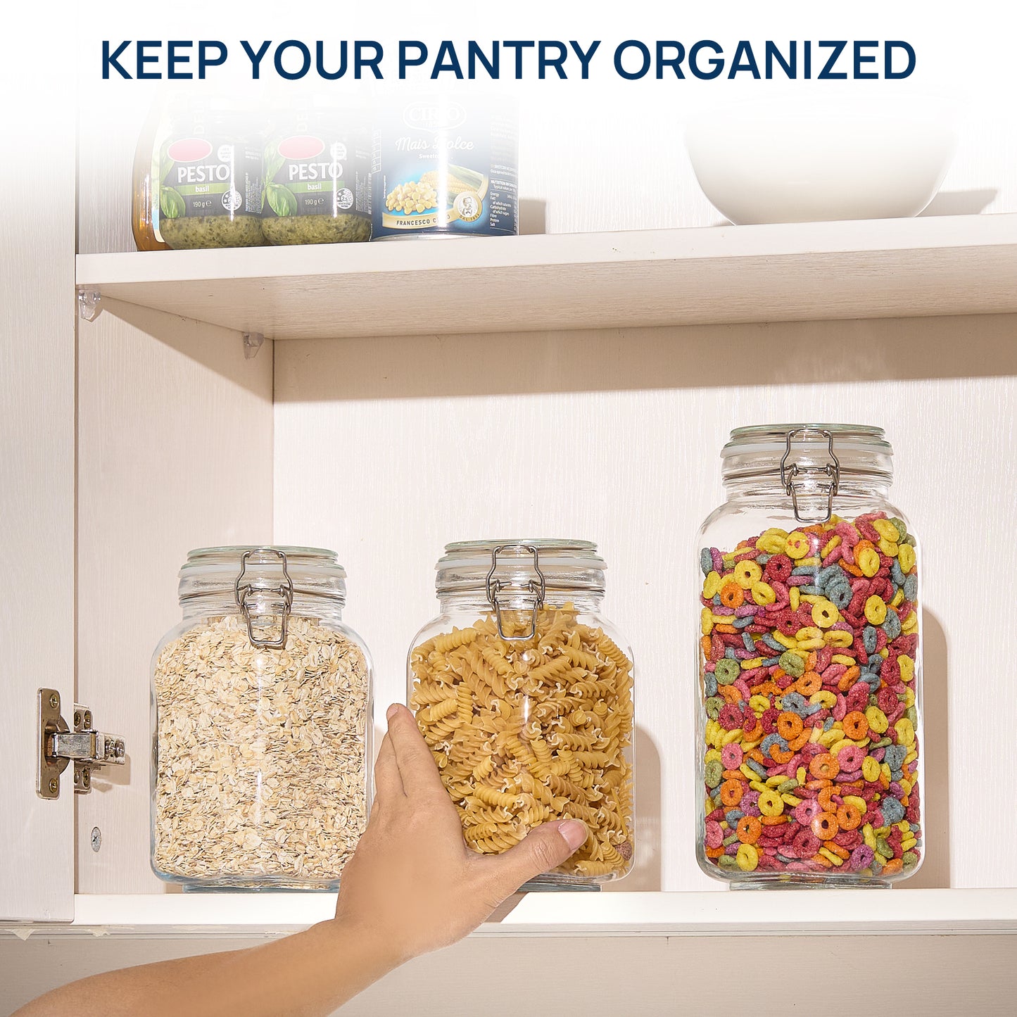 Sindcom 3 PCS Airtight Glass Jars with Lids, 3 PCS Food Storage Canister, Square Mason Jar Containers, 78oz*1+50oz*2