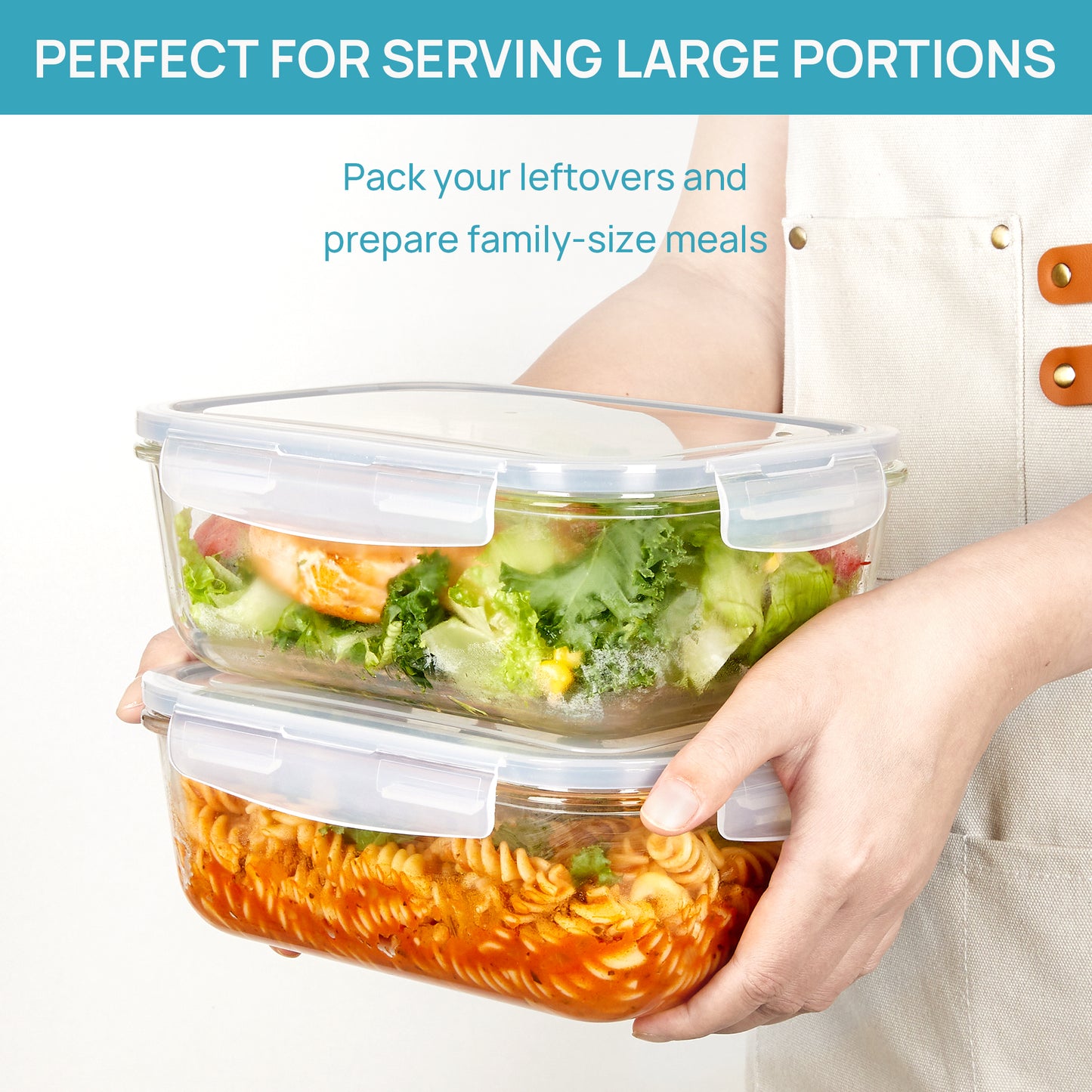 Sindcom 2Pack 1860ml/ 63oz Large Glass Storage Containers with Lids, Meal Prep Food Container Set with Snap Airtight Lid for Baking, Microwave, Oven, Leak Proof, for Freezer, Dishwasher, Grey