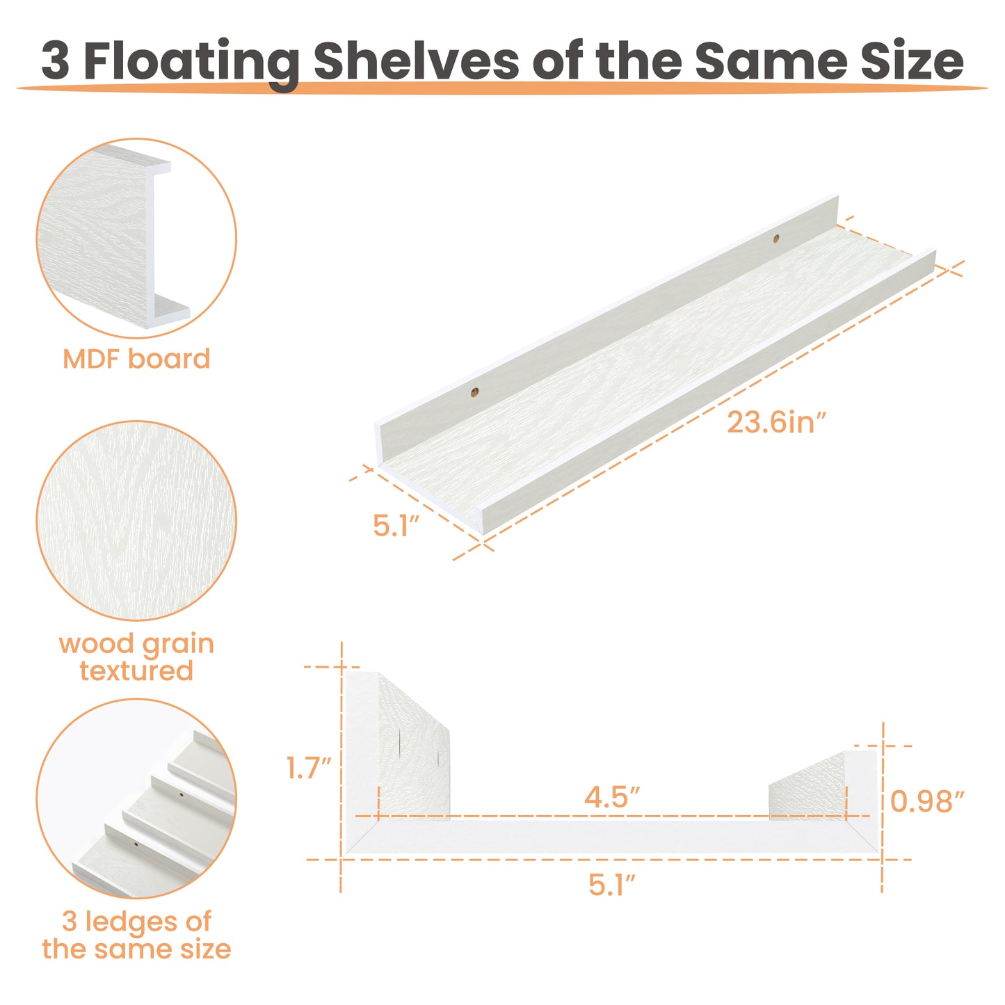 Sindcom Home Wood Shelf Wall Mounted, Set of 3, Multiple Sizes, White