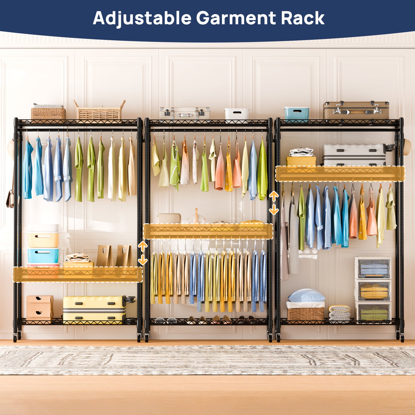 Sindcom Heavy Duty Metal Clothes Rack with Lockable Wheels, 3-Tier Adjustable Garment Clothing Rack for Hanging Clothes, Wardrobe Storage with Double Rods and Side Hooks, Black