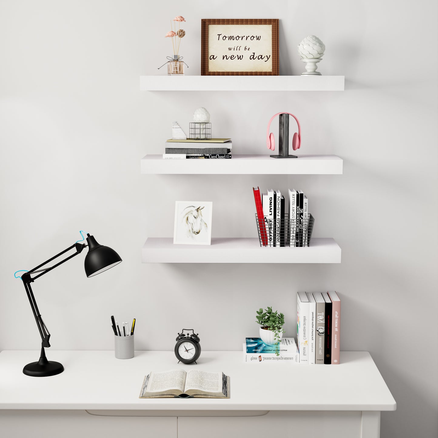 Sindcom Wood Floating Shelves Wall Mounted Shelves, White, Set of 3