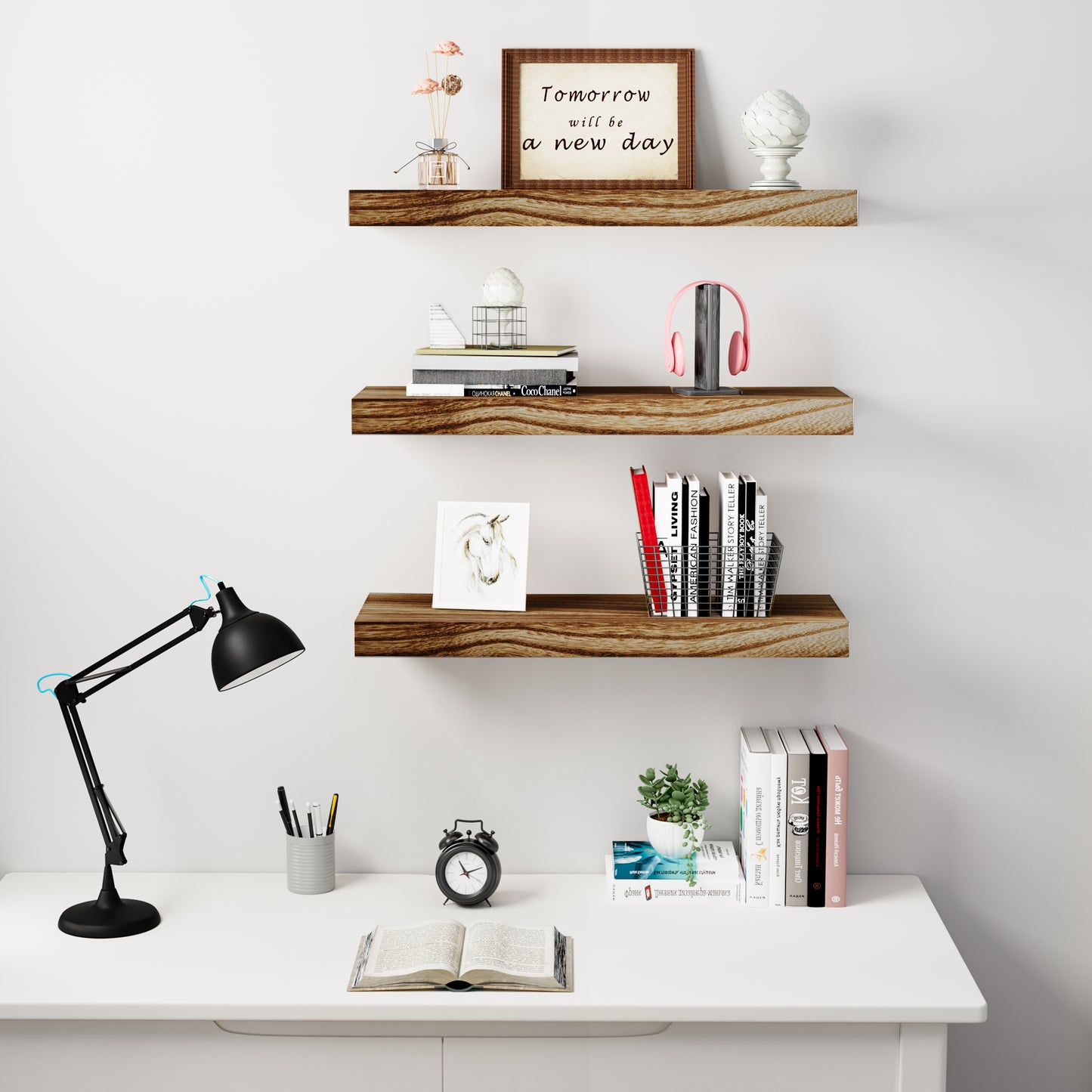 Sindcom 3 Pack Brown Wood Floating Shelves Wall Mounted Shelves