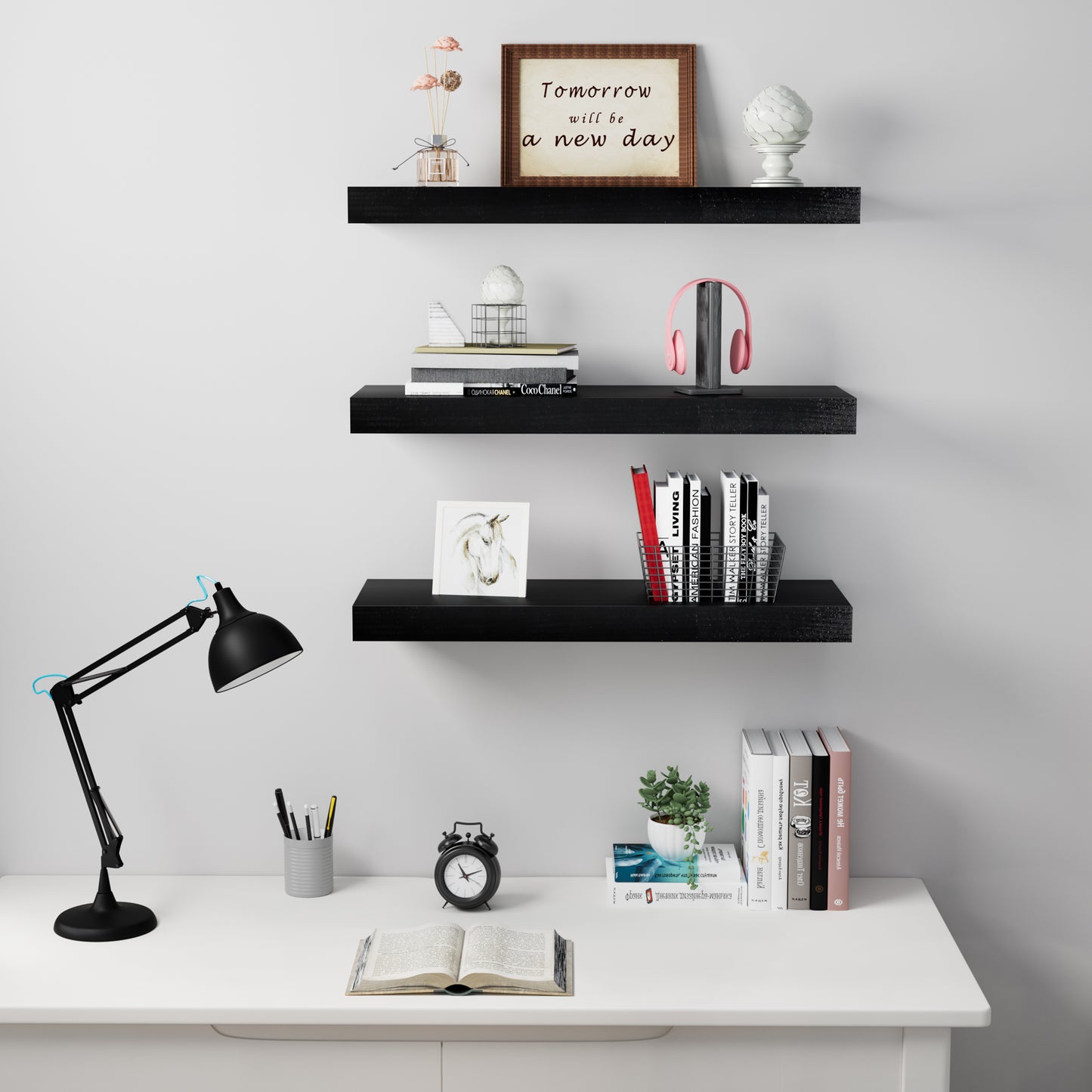 Sindcom Wood Floating Shelves Wall Mounted Shelves, Black, Set of 3