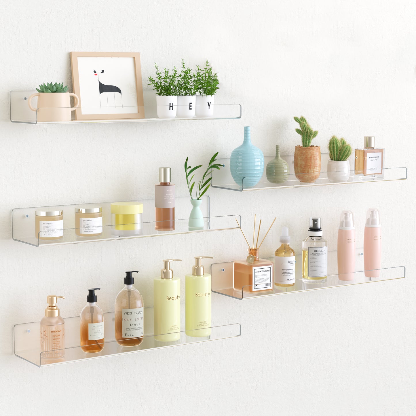 15" Acrylic Floating Shelves Wall Mounted, Upsimples 9pack Clear Acrylic Shelves, for Bedroom, Living Room, Bathroom, Kitchen