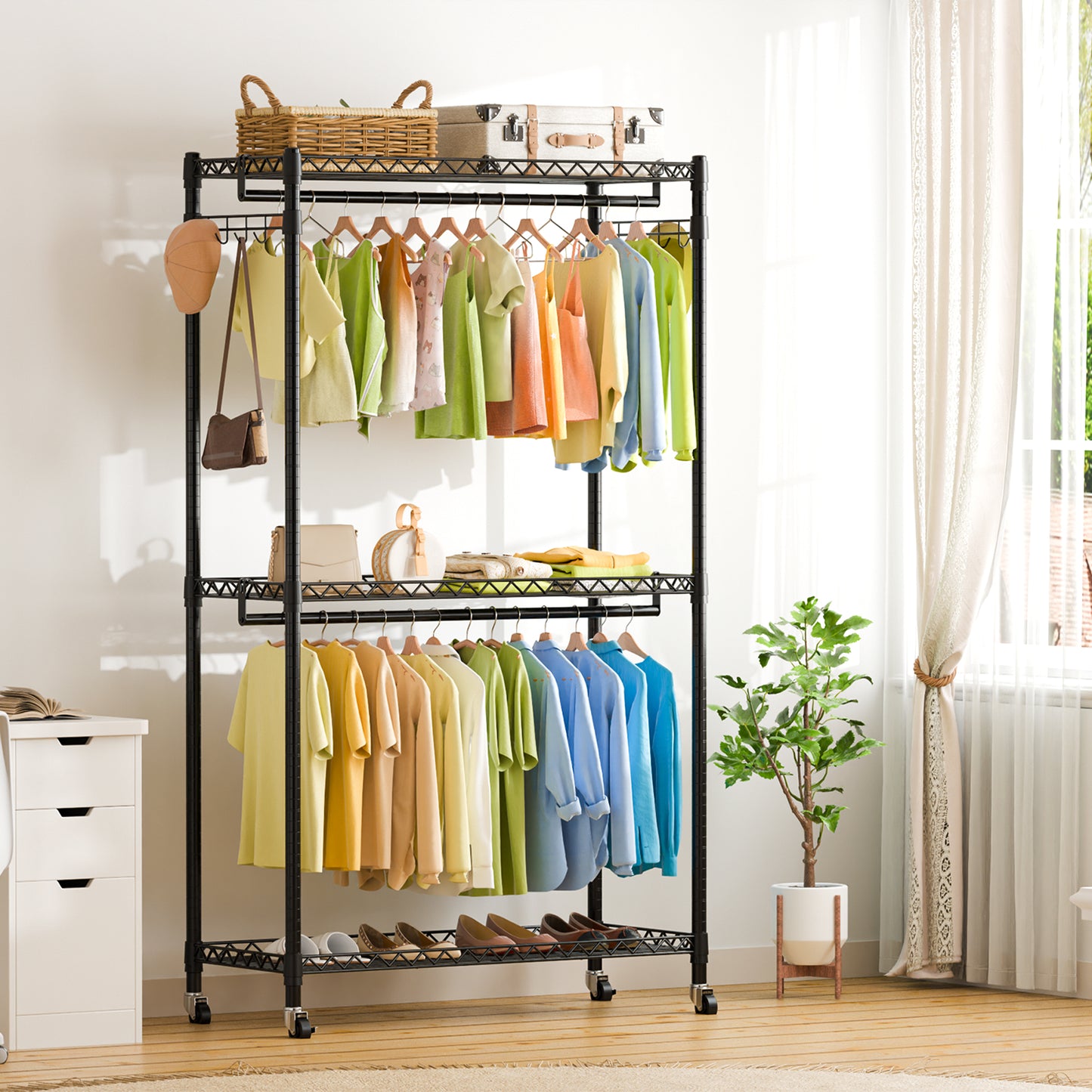 Sindcom Heavy Duty Metal Clothes Rack with Lockable Wheels, 3-Tier Adjustable Garment Clothing Rack for Hanging Clothes, Wardrobe Storage with Double Rods and Side Hooks, Black