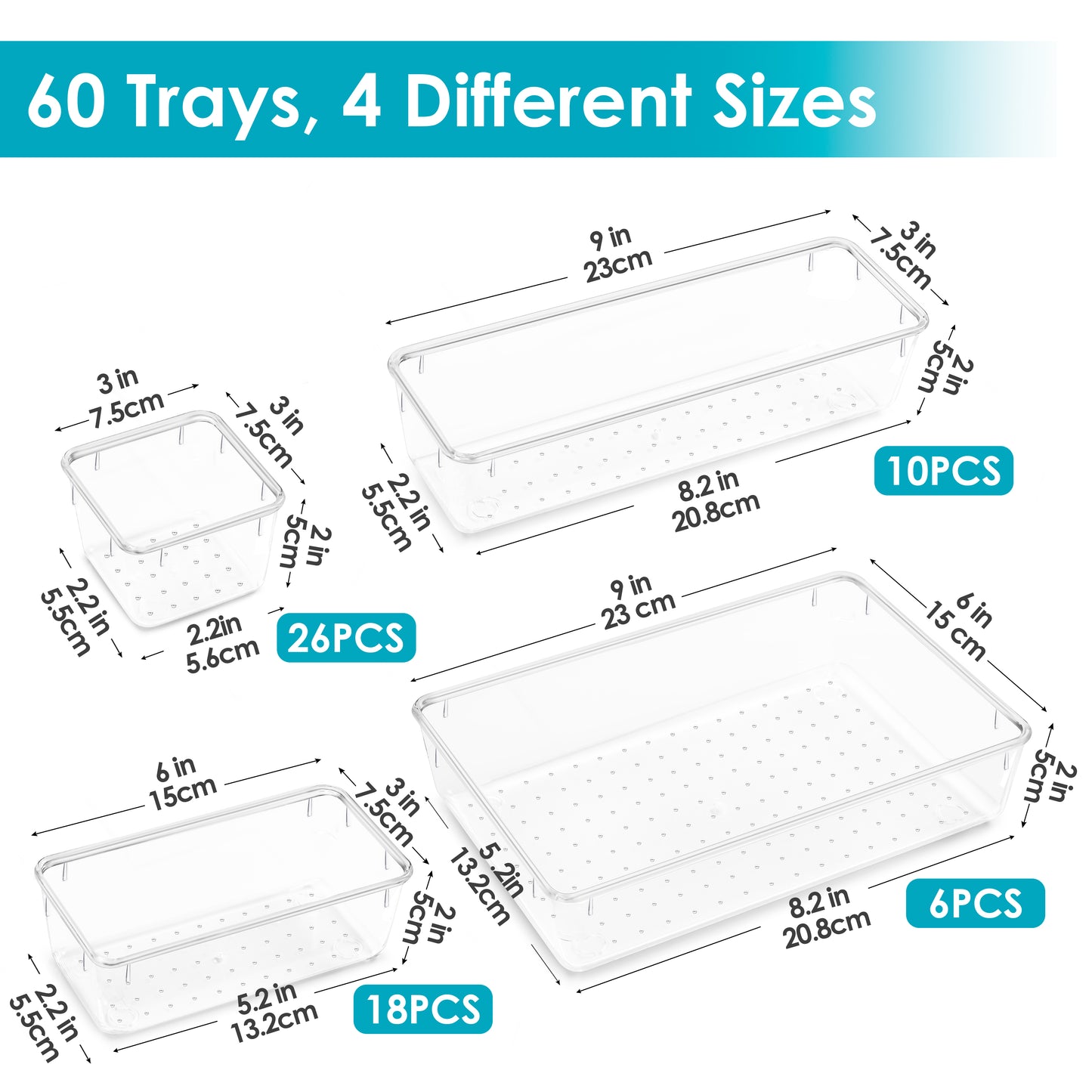 Sindcom 60 PCS Drawer Organizer, 4-Size Clear Plastic Bins Containers, for Bathroom and Vanity Storage