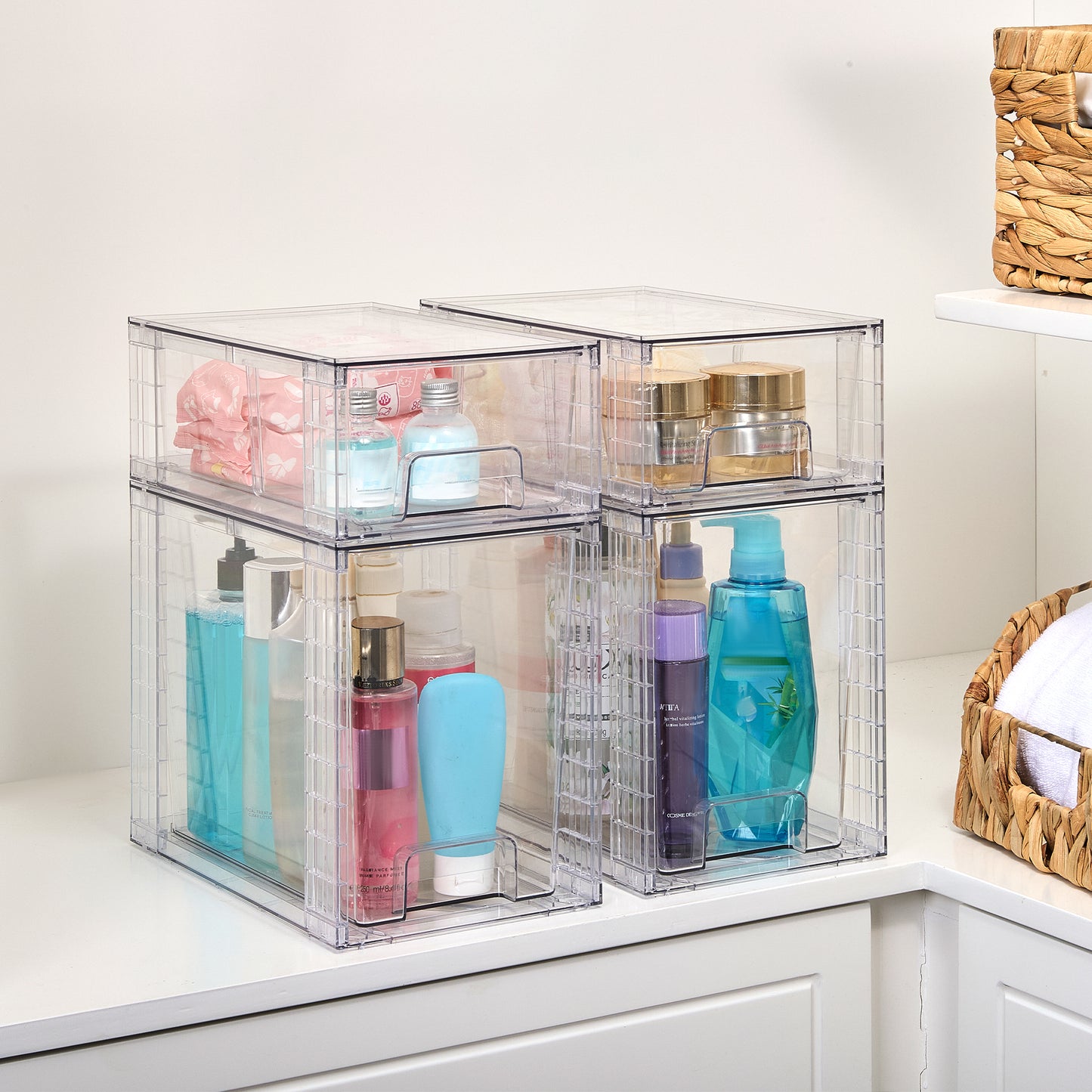 Sindcom 4 Pack Large Stackable Plastic Storage Drawers, Acrylic Clear Plastic Organizer Bins for Makeup, Cosmetics, Bathroom Closet Undersink Organizer, 2 High+2 Small