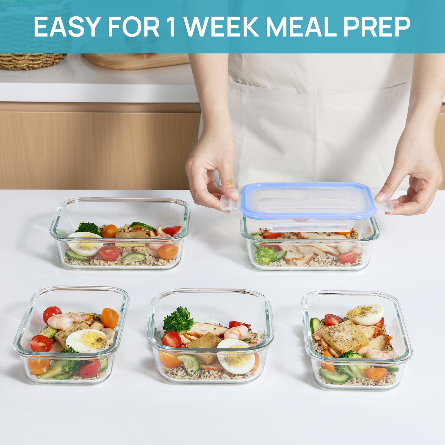 Sindcom 7 Pack Glass Food Storage Containers, Meal Prep, Airtight Bento Boxes with Leak Proof Locking Lids,Blue