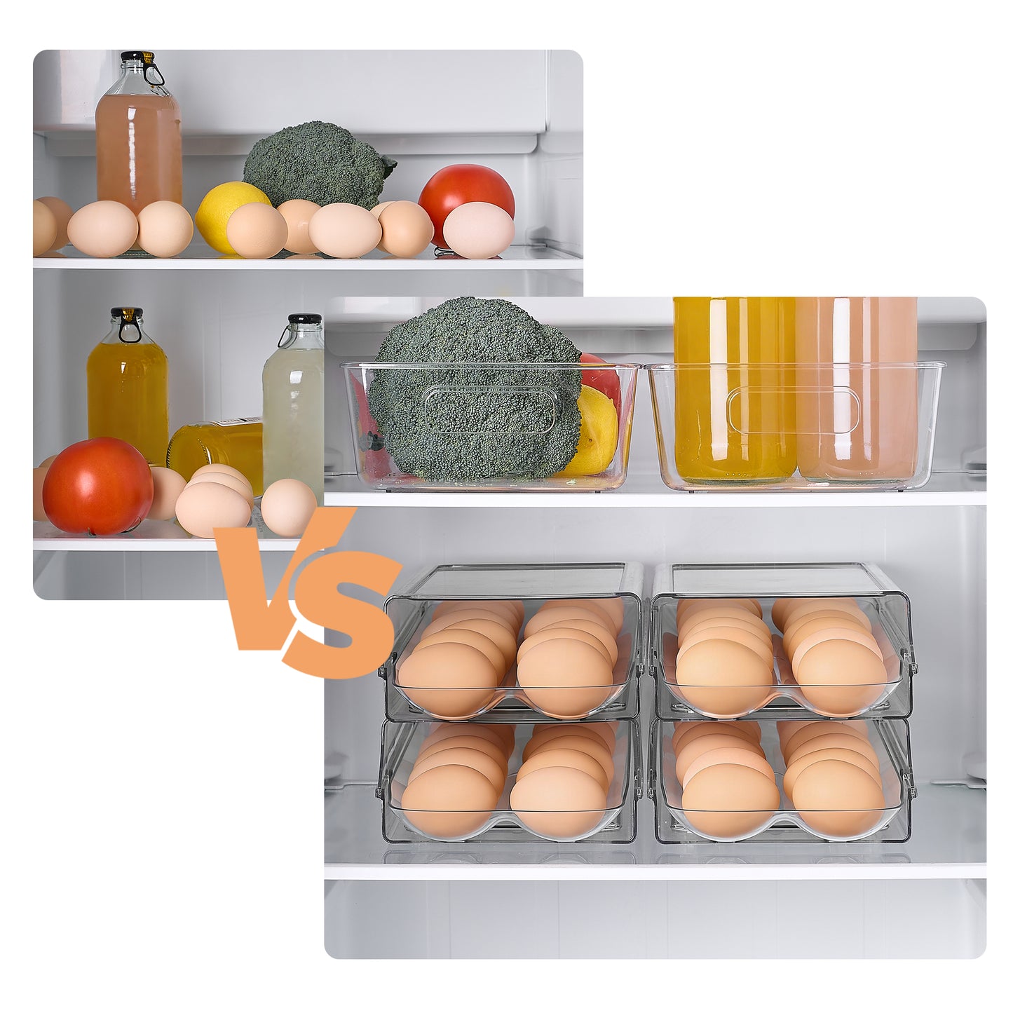 Sindcom Clear Plastic Egg Holder for Fridge, Automatic Rolling Egg Container for Refrigerator, Stackable 14-Count Eggs Organizer with Removable Inner Tray, Fridge Organizers and Storage, 2Pack