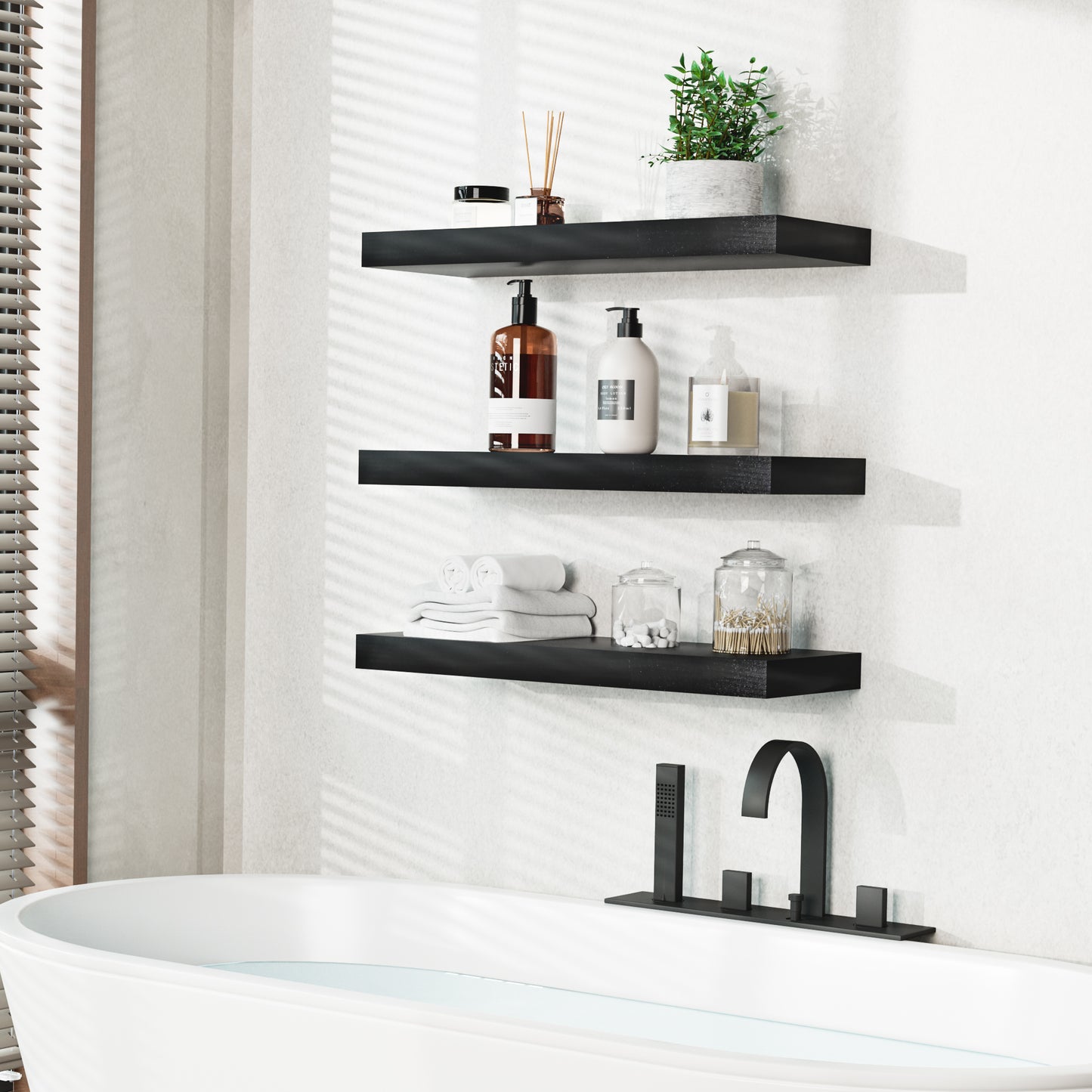 Sindcom Wood Floating Shelves Wall Mounted Shelves, Black, Set of 3