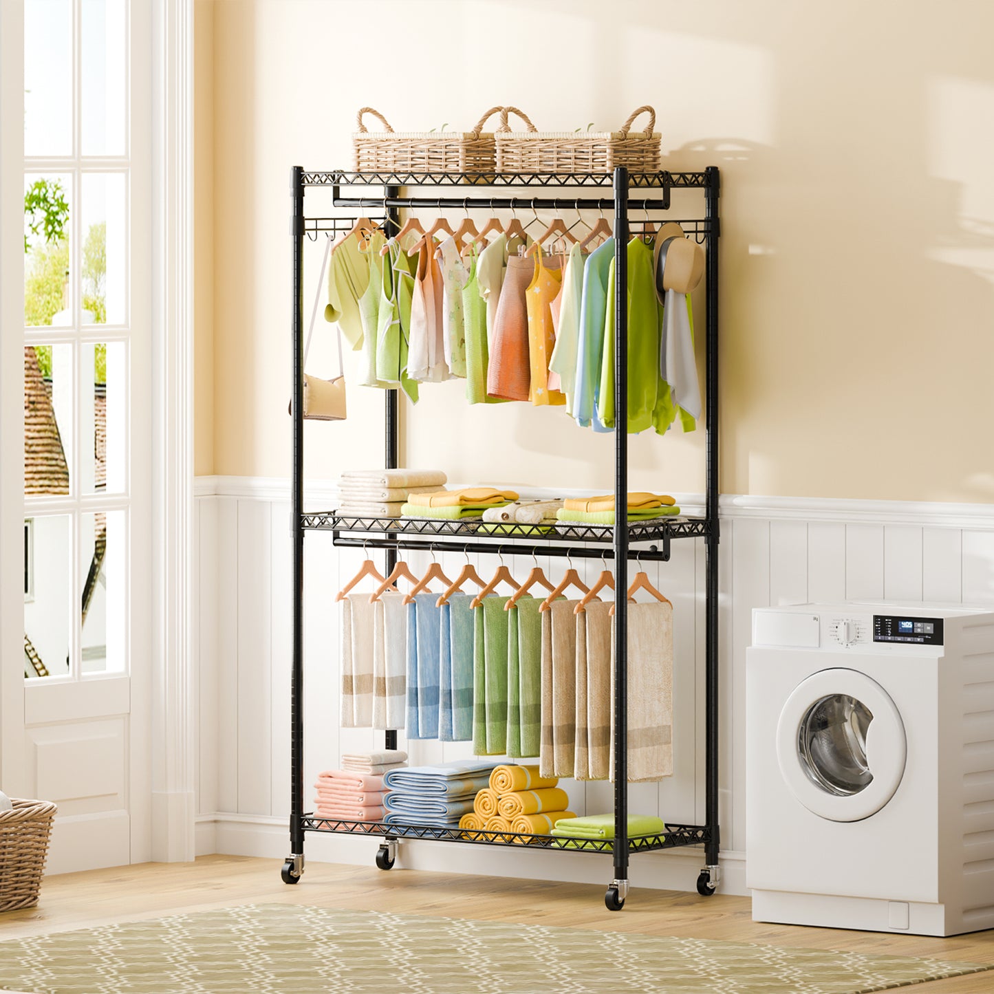 Sindcom Heavy Duty Metal Clothes Rack with Lockable Wheels, 3-Tier Adjustable Garment Clothing Rack for Hanging Clothes, Wardrobe Storage with Double Rods and Side Hooks, Black