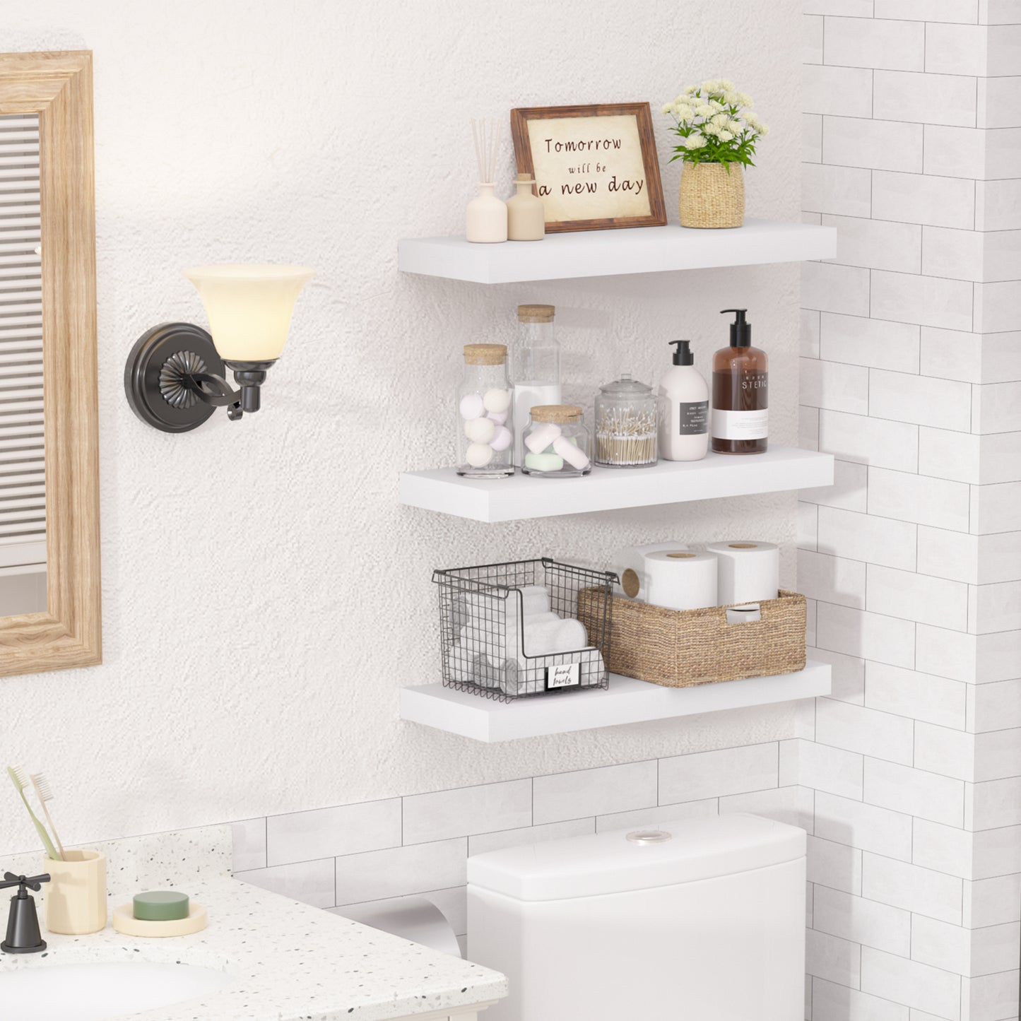 Sindcom Wood Floating Shelves Wall Mounted Shelves, White, Set of 3