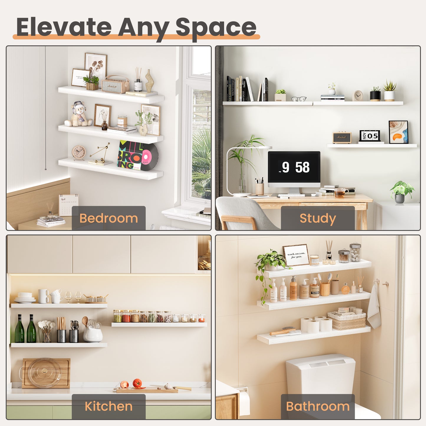 Sindcom 35.5in Floating Shelves, 3-Pack Wood Wall Shelf Set with Invisible Brackets,White