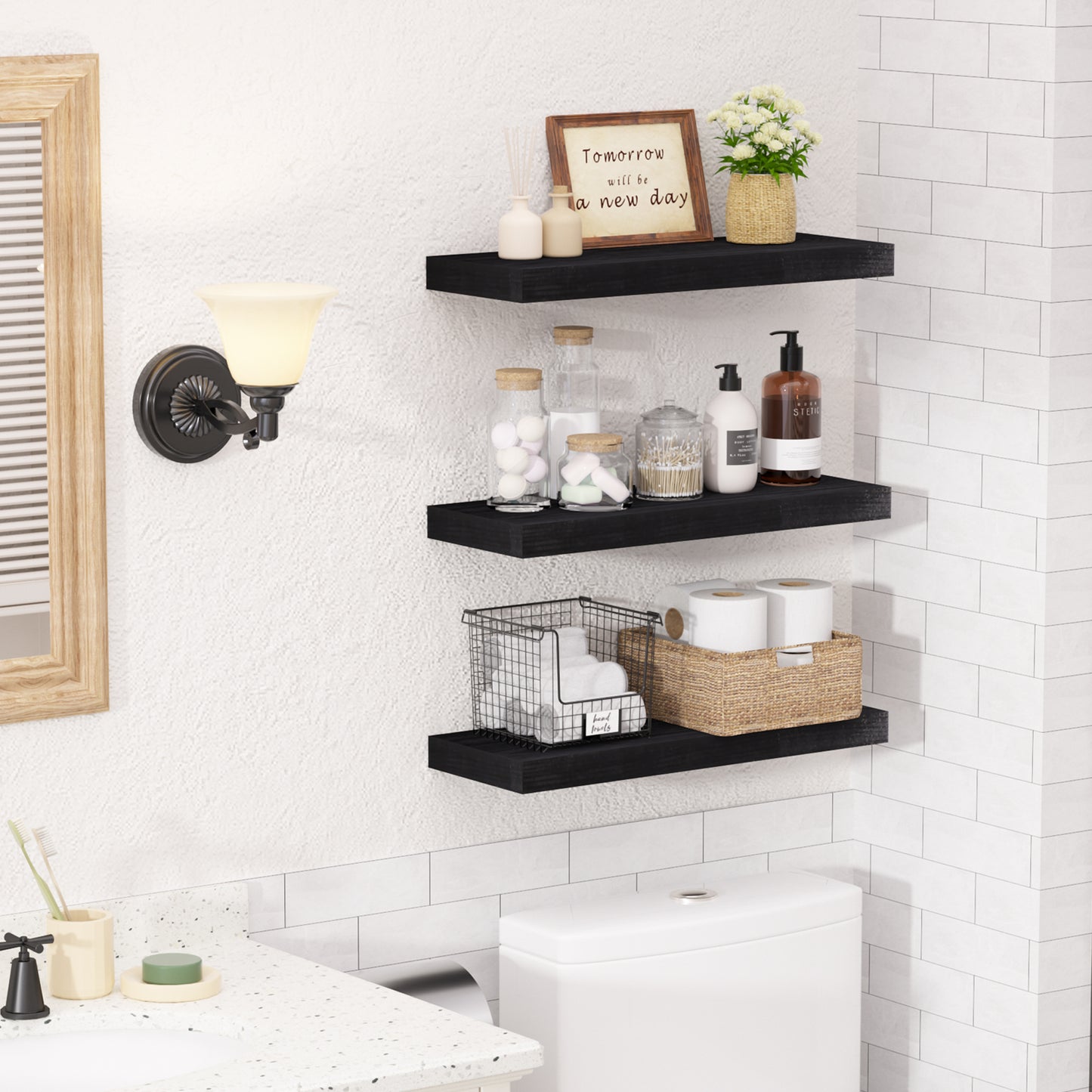 Sindcom Wood Floating Shelves Wall Mounted Shelves, Black, Set of 3