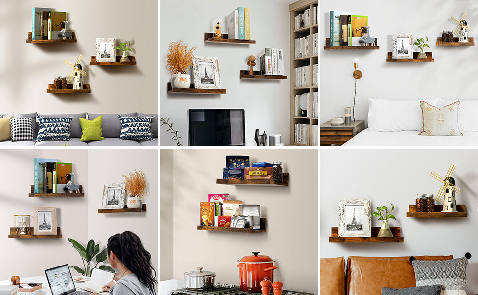 Floating Shelves, Upsimples Wood Shelf Wall Mounted, Set of 5, Multiple Sizes, Brown