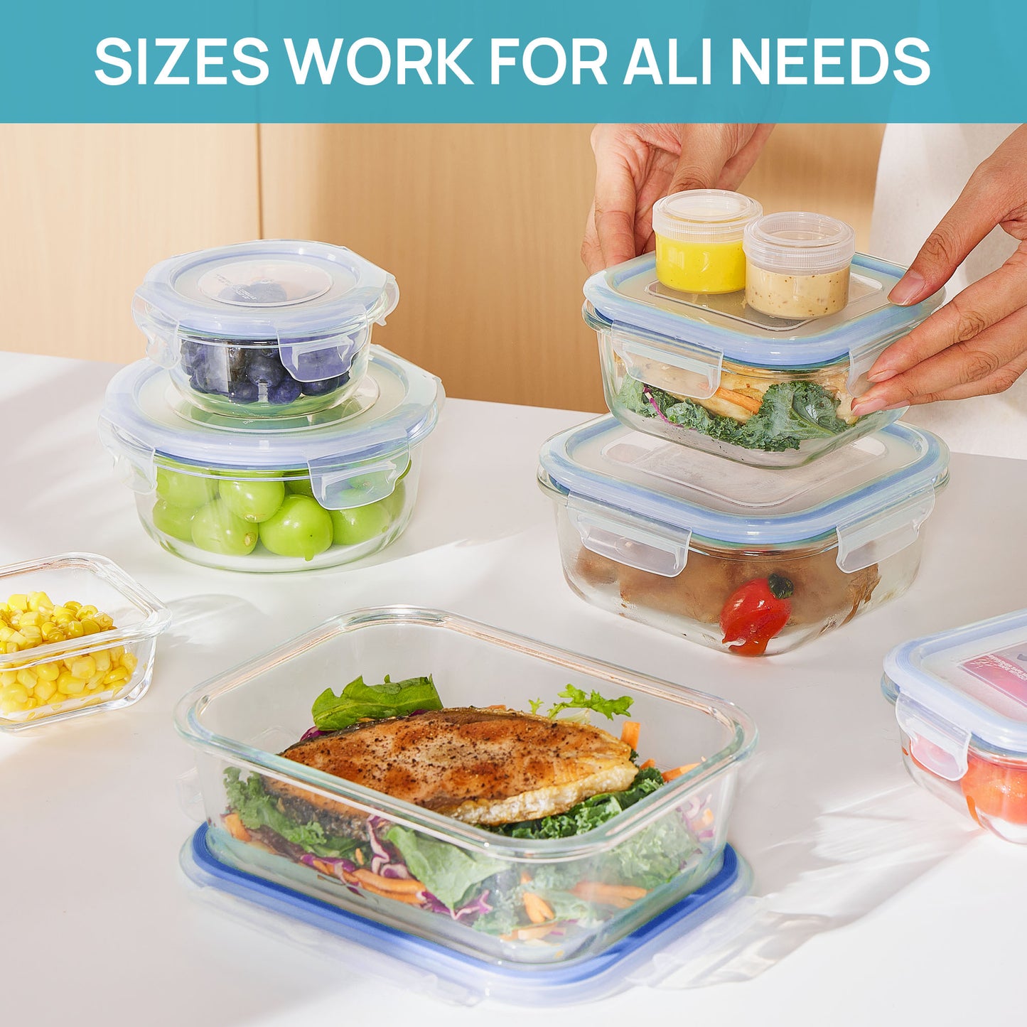 Sindcom 34pcs Glass Food Storage Containers with Lids Set, Airtight Meal Prep Containers (17 Containers & 17 Lids), Blue
