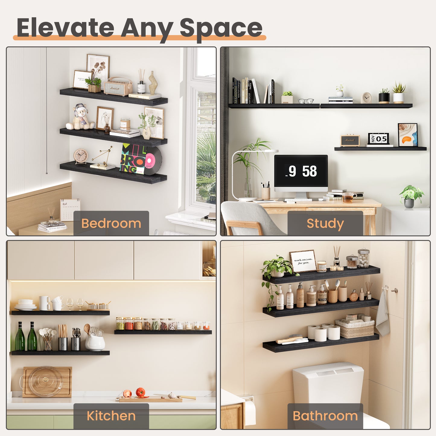 Sindcom 36in Floating Shelves with Invisible Brackets, Wall Mounted Rustic Wood Shelves Set of 3, Black