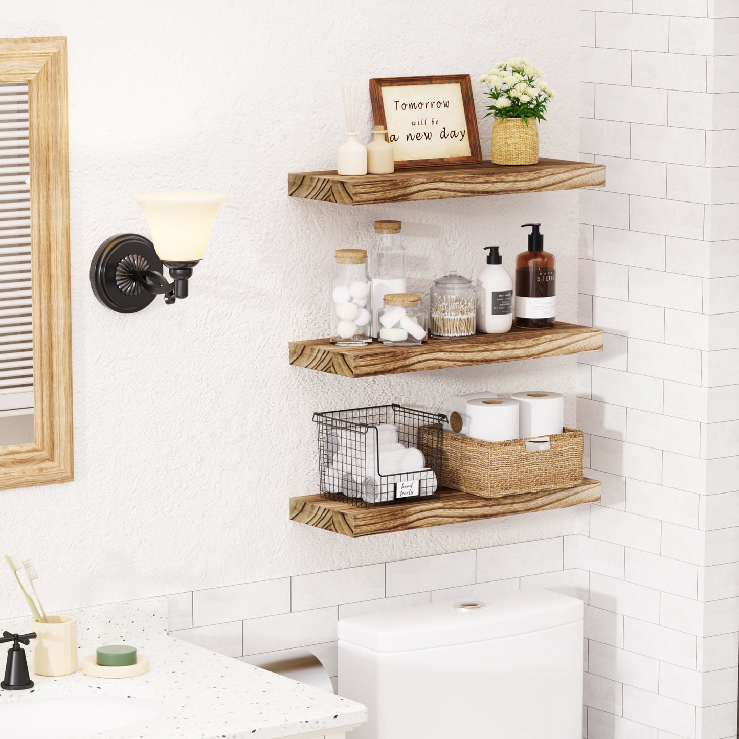 Sindcom 3 Pack Brown Wood Floating Shelves Wall Mounted Shelves
