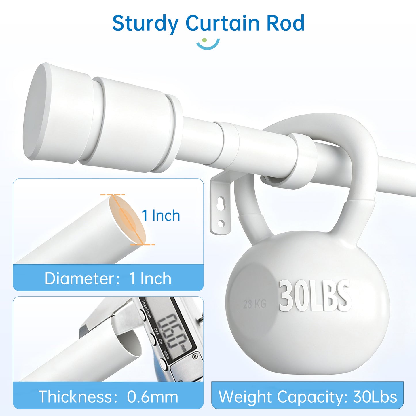 Sindcom Matte White Curtain Rods for Windows 66 to 120 Inches, 1 Inch Diameter Adjustable Heavy Duty Drapery Rod with Brackets for Living Room, 28"-132"