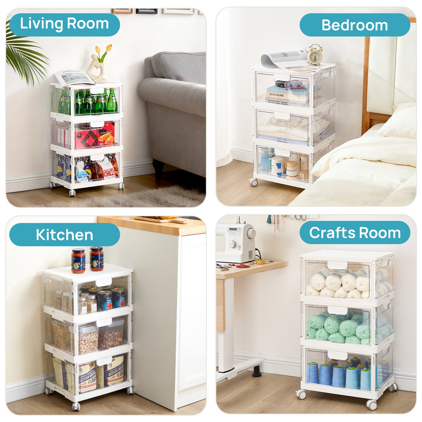 Kids Toy Storage Organizer with Clear Bins & Wheels, 72Qt Foldable Stackable Storage Containers with Lids for Baby Diapers, Wipes, Toys, Nursery & Playroom Organization, White