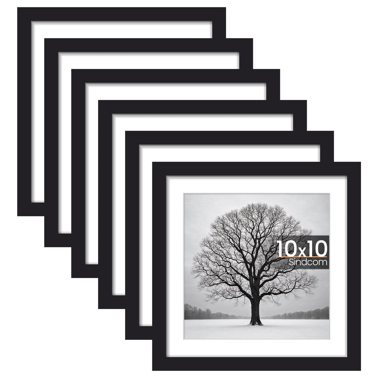 Sindcom 6 Pack 10x10 Picture Frames,Display Pictures 8x8 with Mat or 10 x 10 Without Mat,Gallery Wall Photo Frames, Black